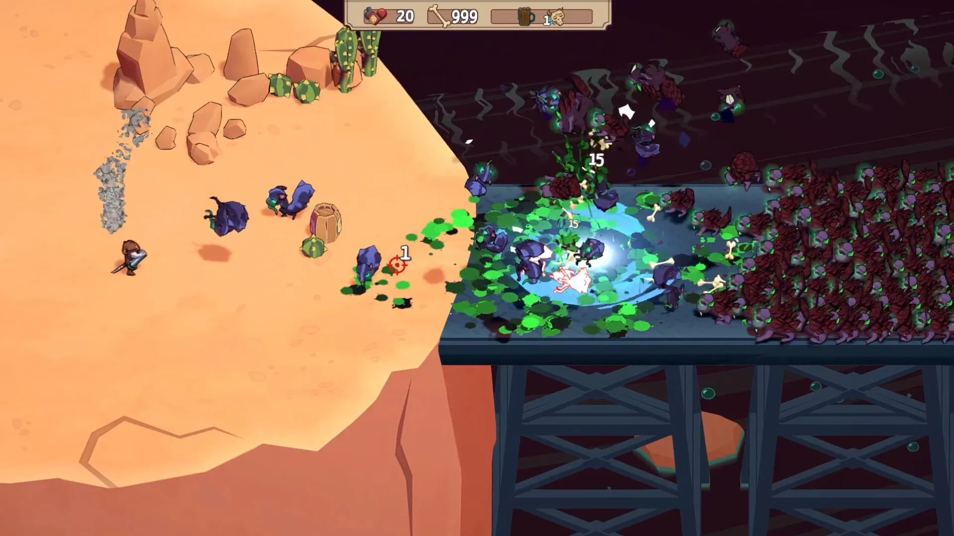 Ammossum: Player character facing infected beasts on a bridge, desert terrain and UI health bar displayed