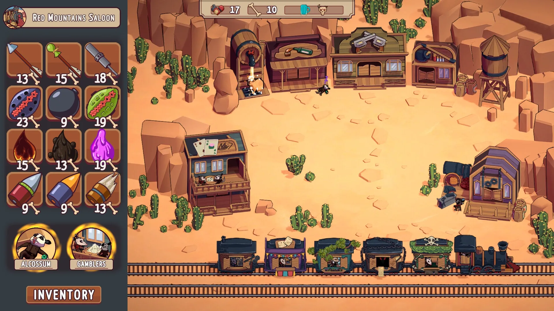 Ammossum: Inventory menu and village overview with train and desert saloon setting