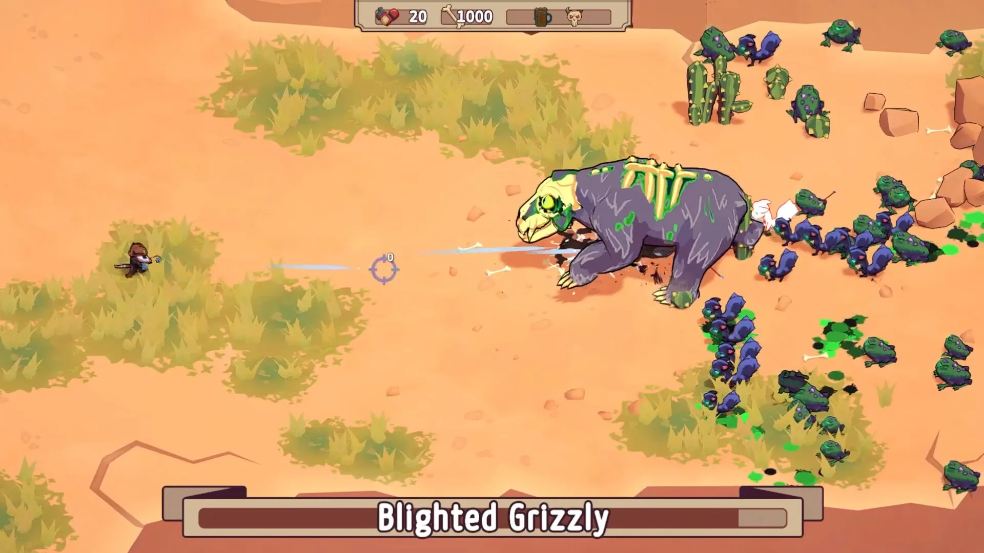 Ammossum: Player battles Blighted Grizzly and infected beasts in desert terrain with UI health bar visible.