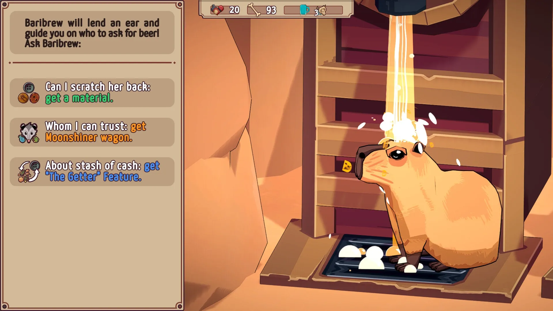 Ammossum: Baribrew dialogue options and a capybara near a wooden structure with liquid pouring down