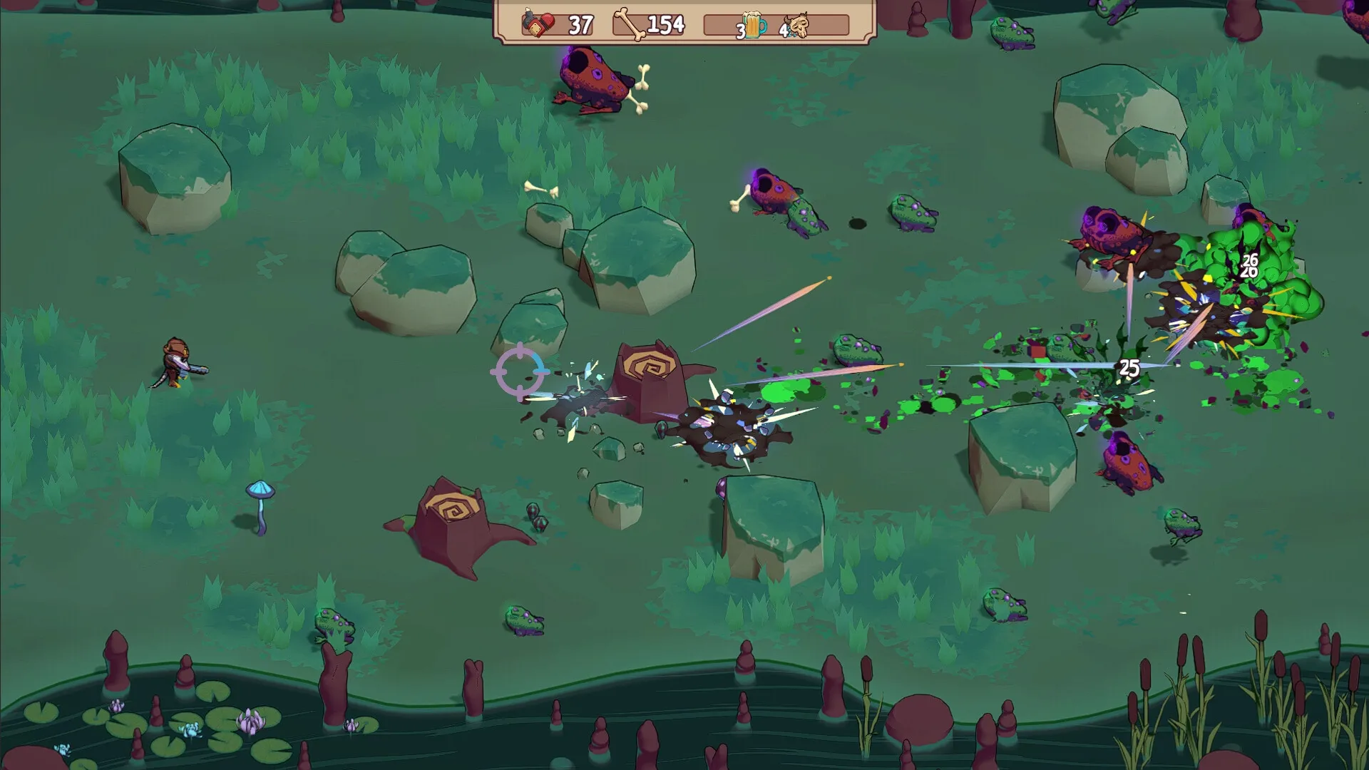 Ammossum: Player character fights infected beasts in a grassy area with rocks and stumps visible
