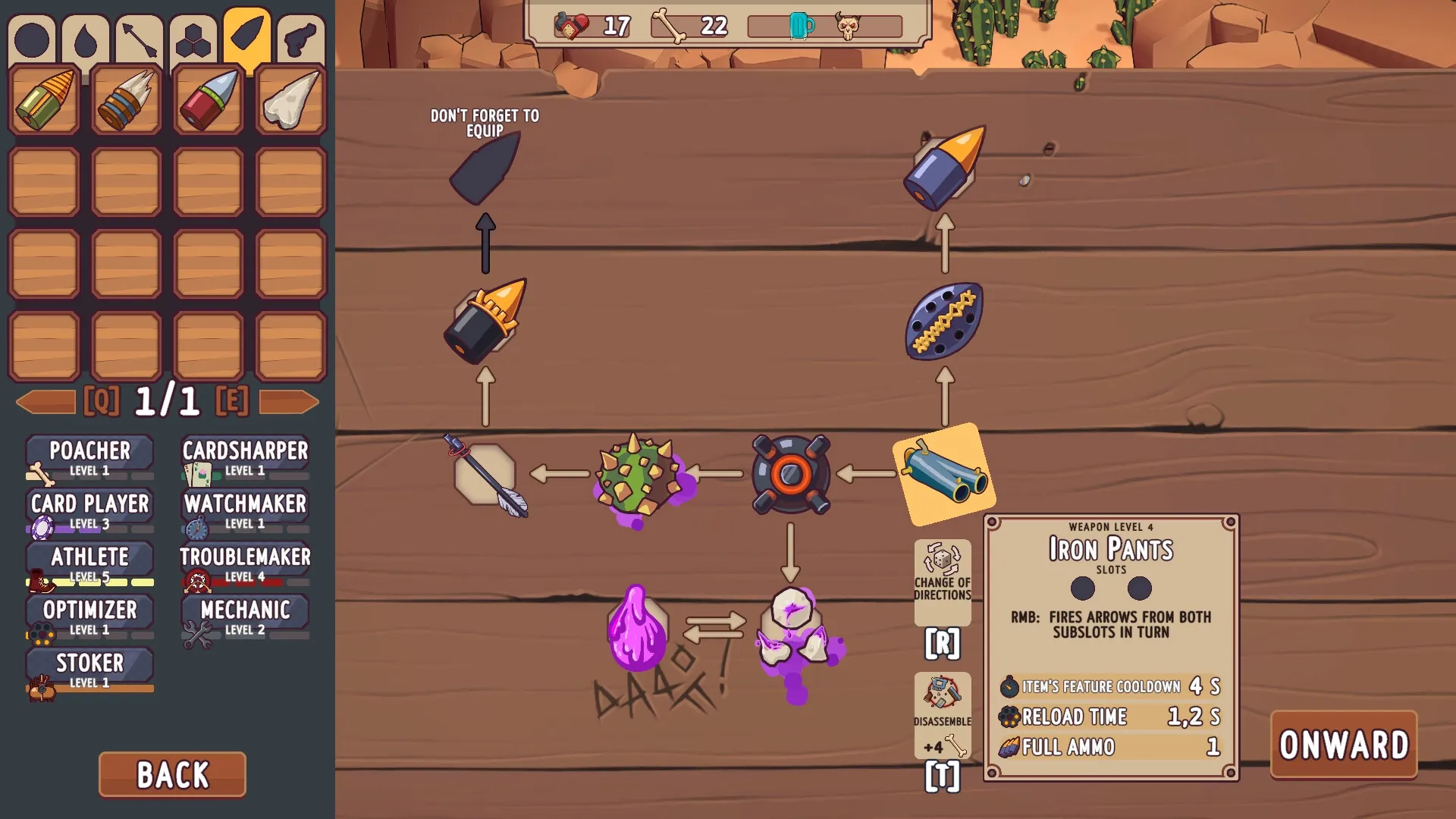 Ammossum: Upgrade path overview with weapon inventory and character skill levels on a wooden table background.