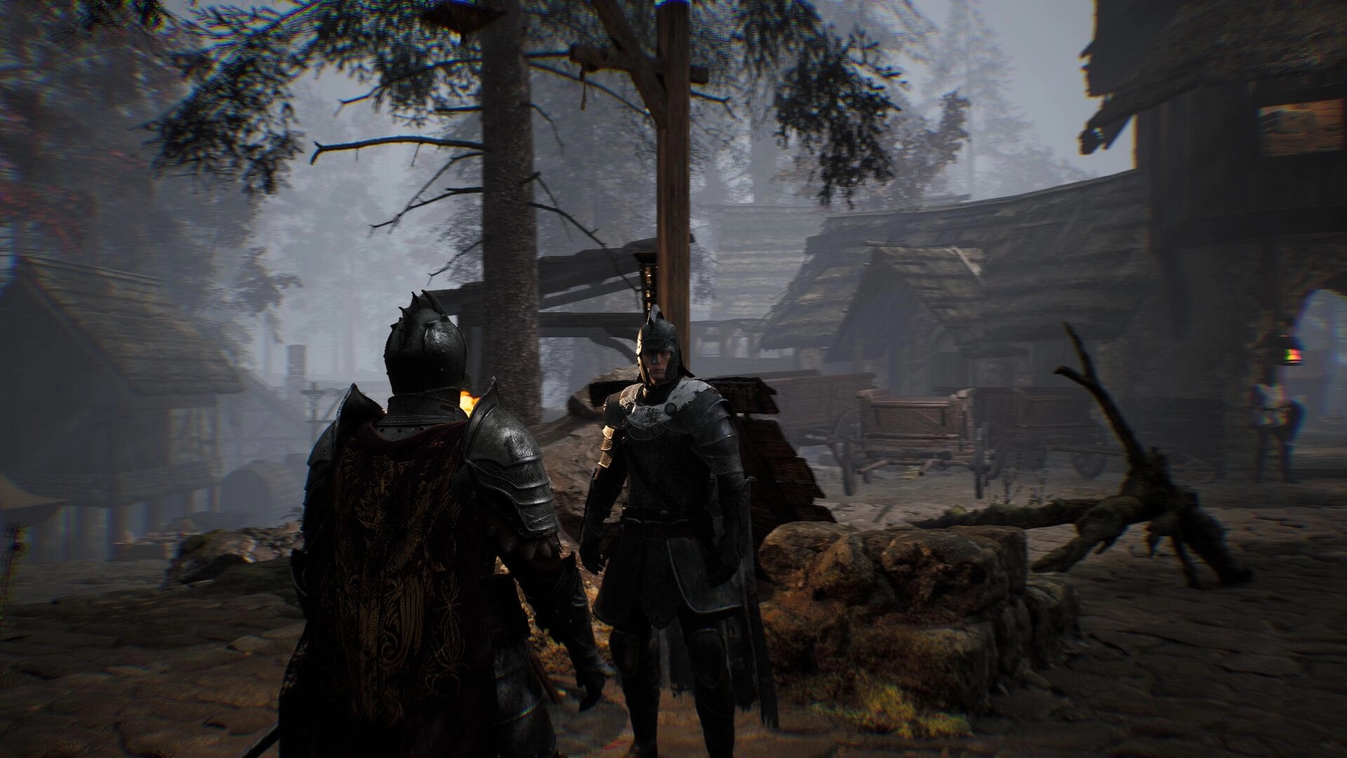 Among Shadows: Armored knight faces another soldier by a campfire in a foggy medieval village square.
