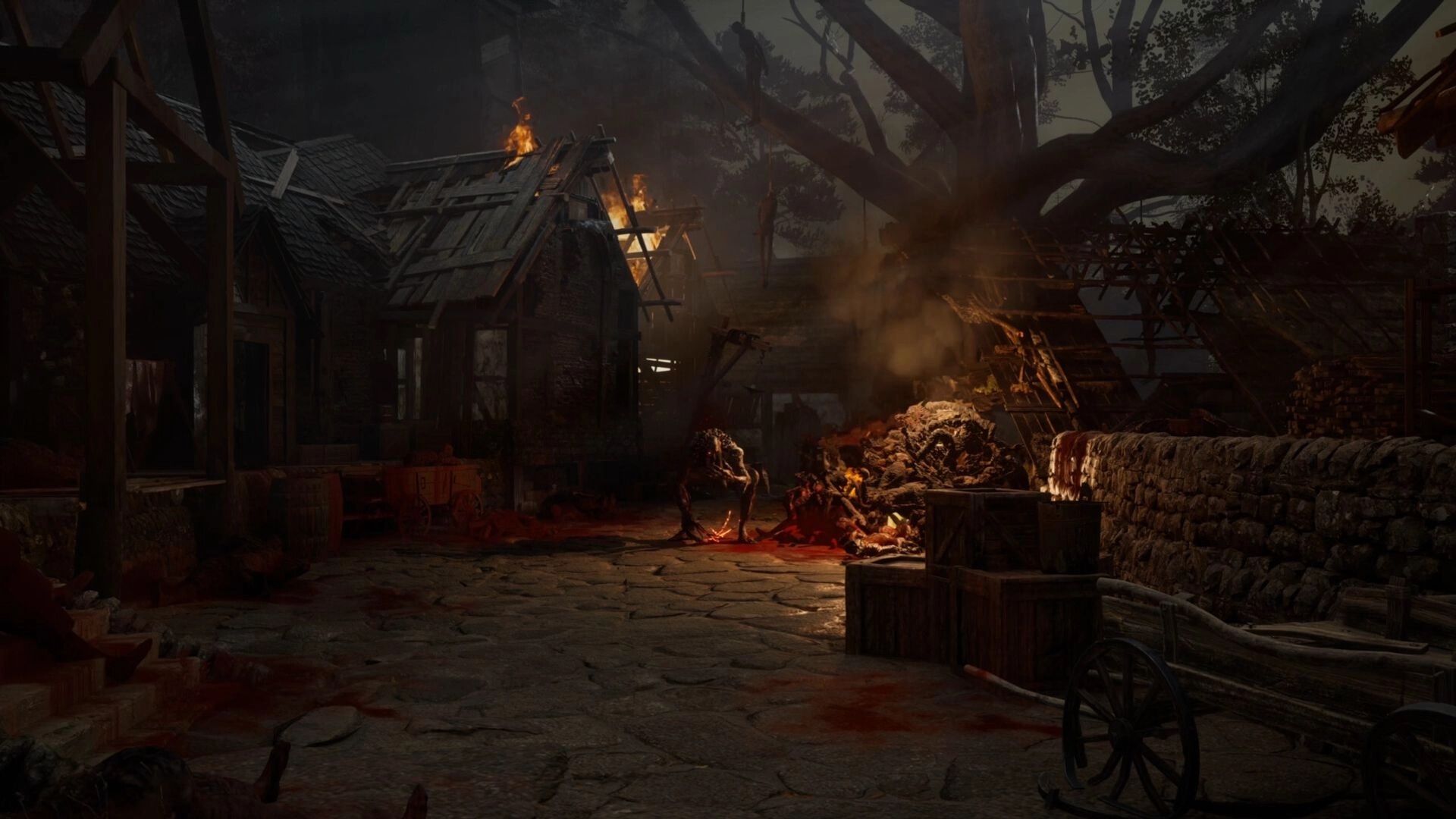 Among Shadows: Creature stalks a bloodstained lane past burning huts and hanging bodies at dusk.