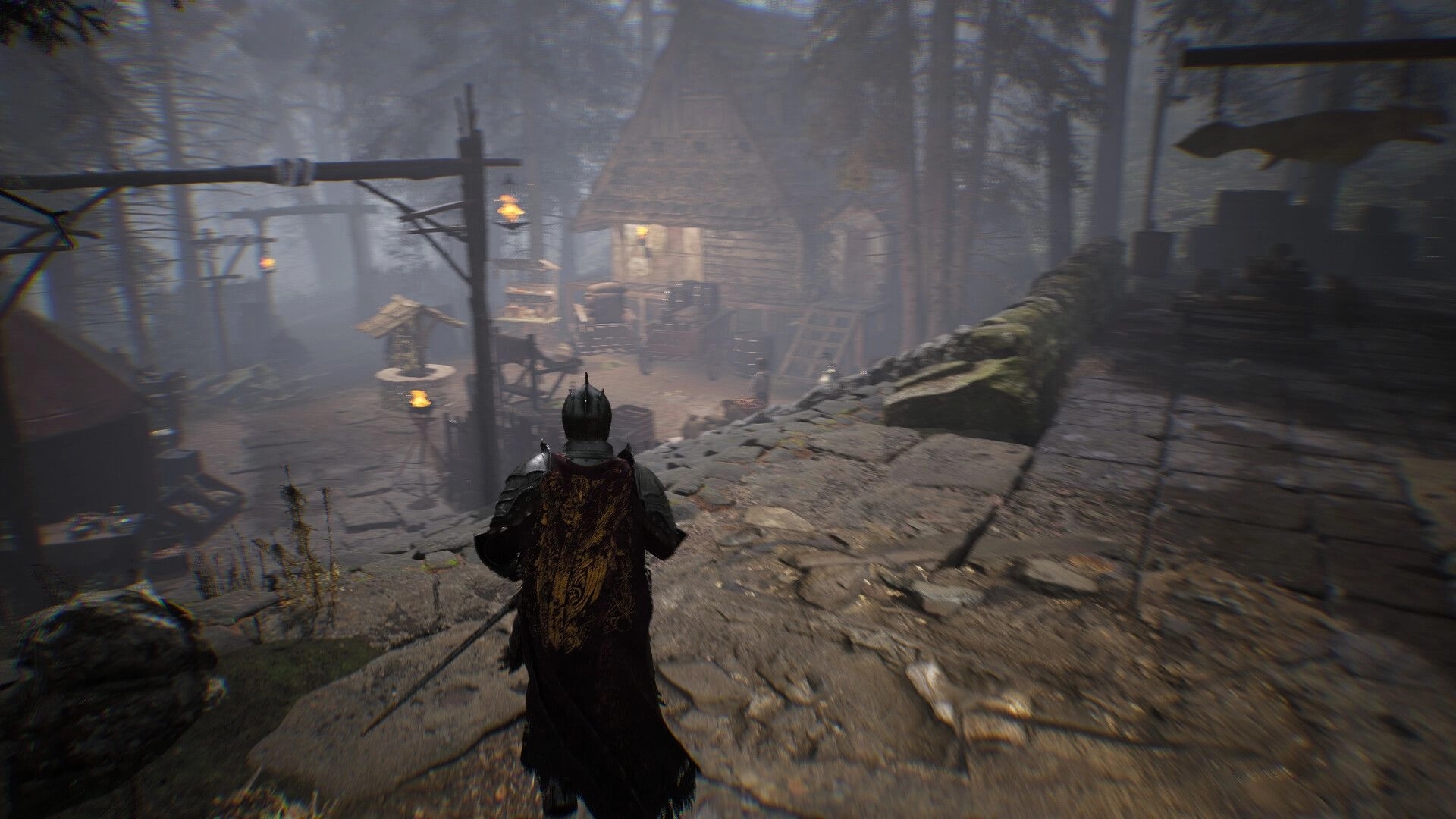 Among Shadows: Armored knight approaches a foggy village with torches, wooden huts, and stone path.
