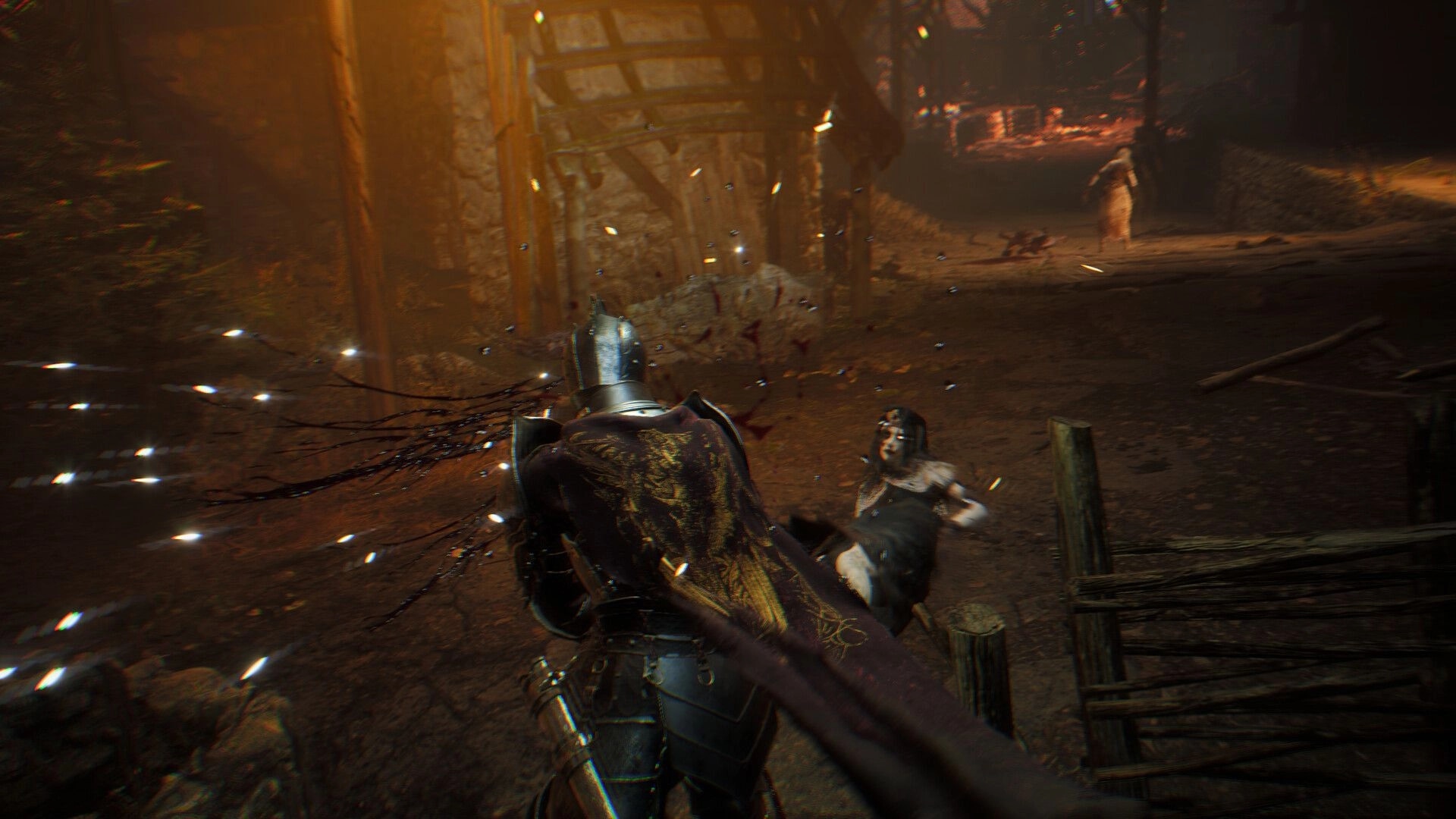 Among Shadows: Armored knight swings sword at crawling enemy on muddy village path by ruined hut at dusk.