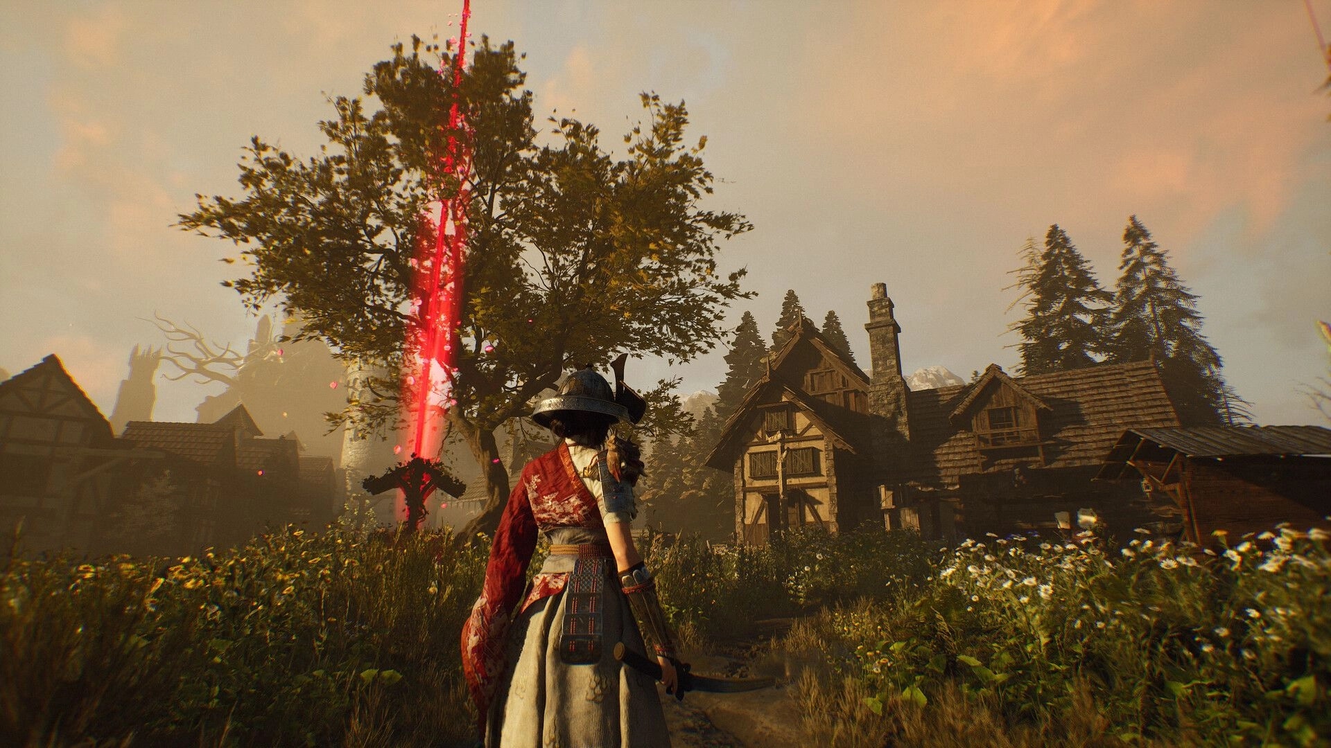 Among Shadows: Third-person warrior faces a red energy pillar beside a tree in a rustic village meadow.