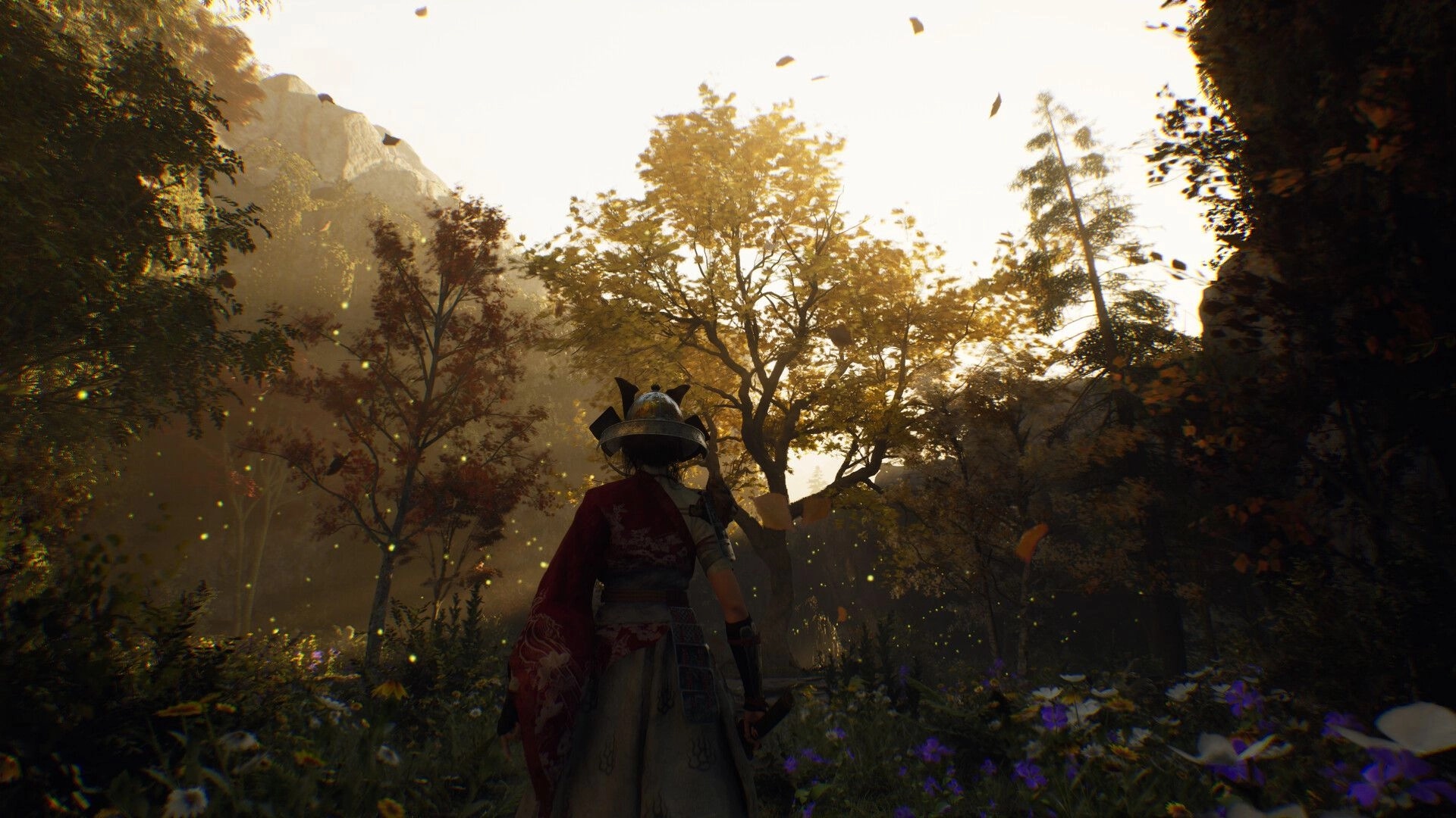 Among Shadows: Third-person warrior in a horned helmet walks through a sunlit autumn forest glade.