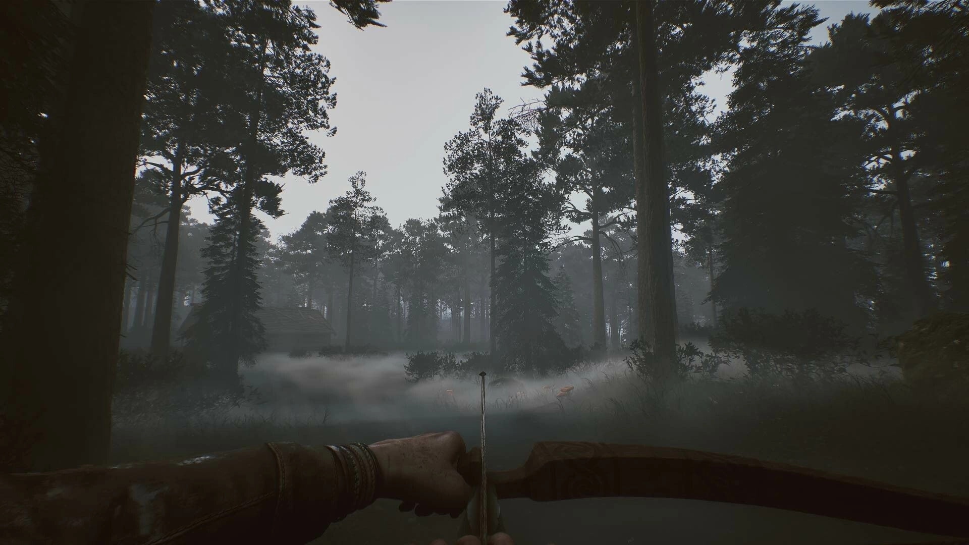 Among the Trolls: Player aims bow in misty forest, distant cabin visible through dense trees.