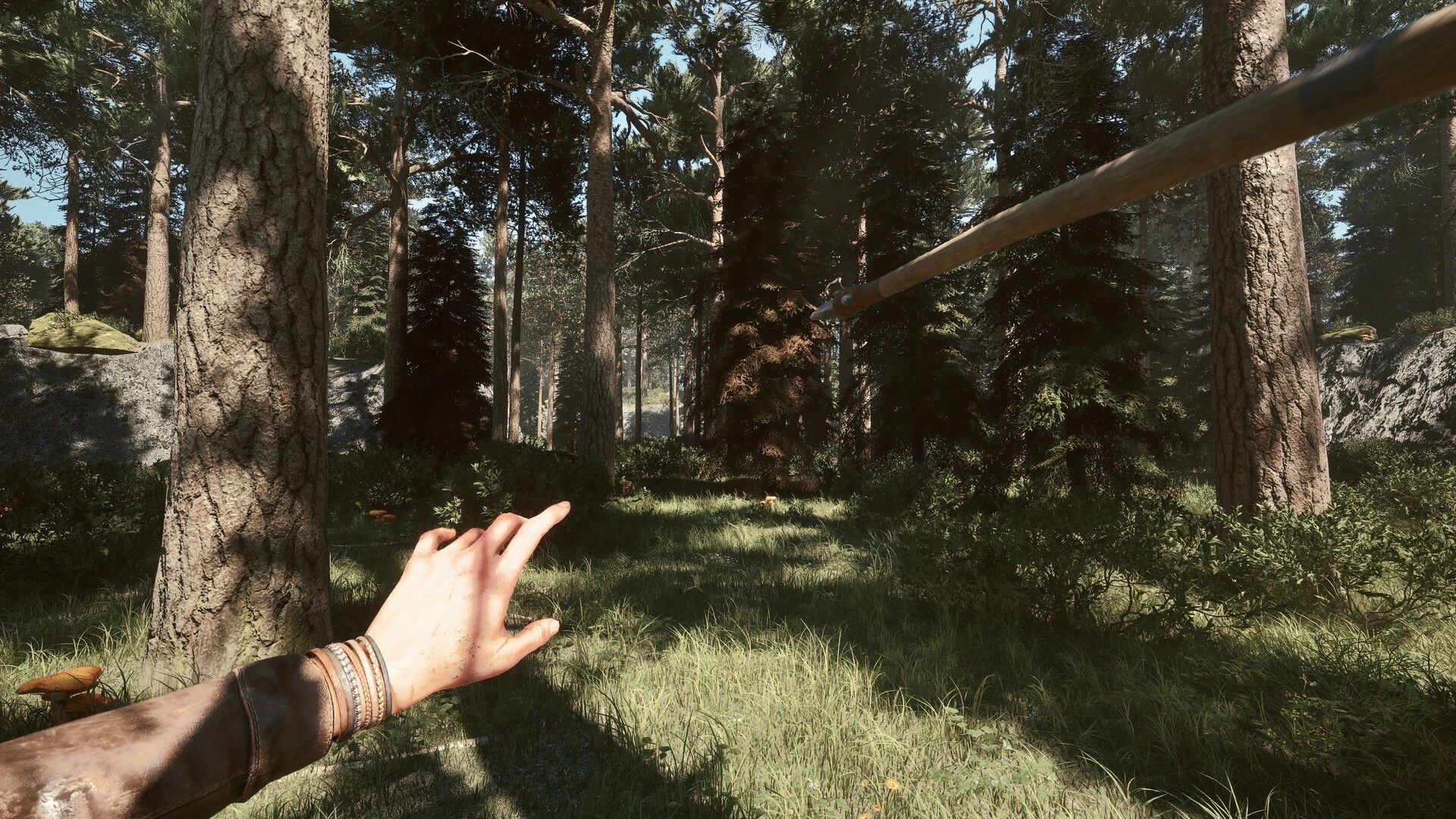 Among the Trolls: First-person perspective of a player aiming a spear in a dense Finnish forest setting