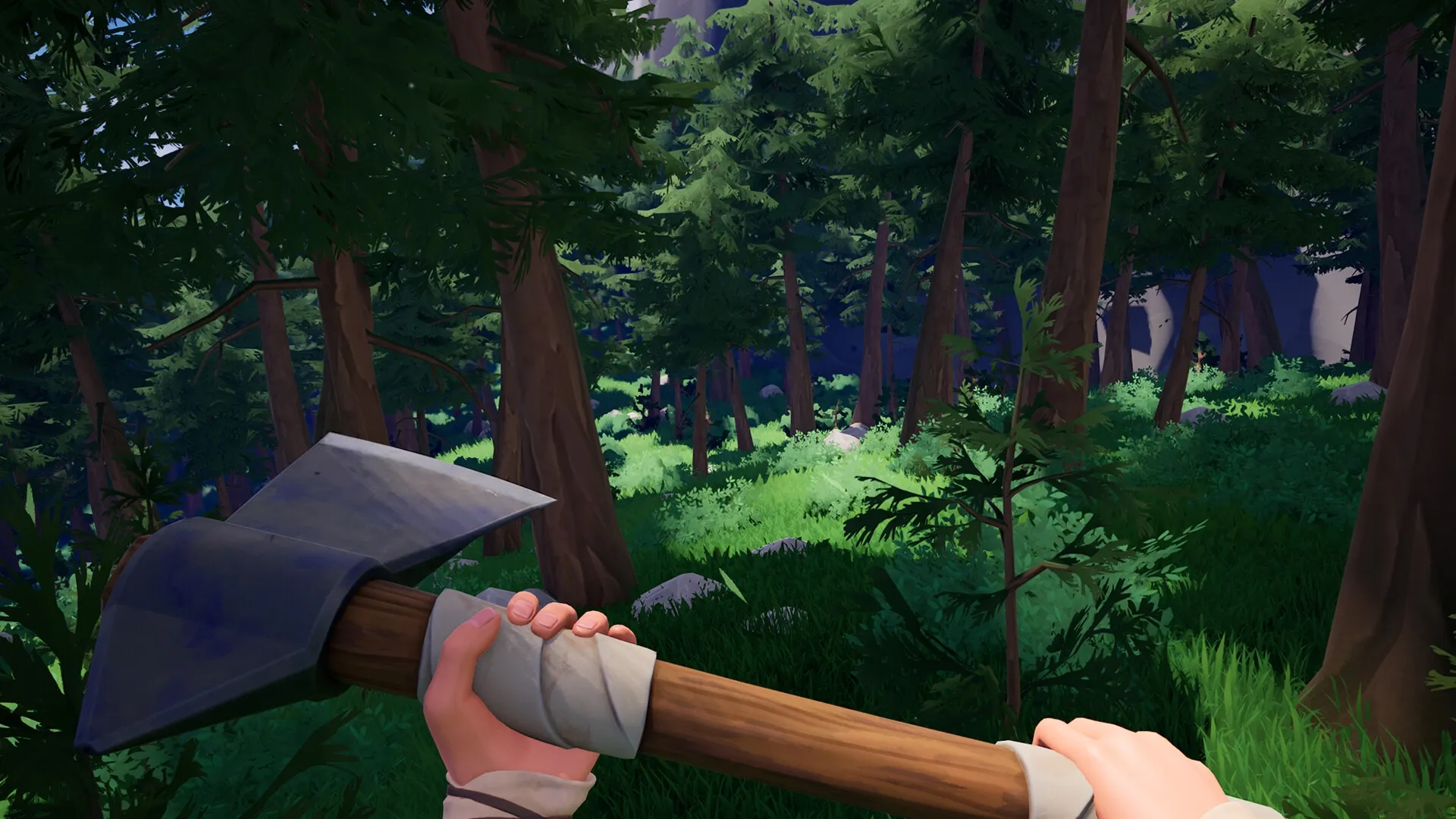 AMONG THE WILD: First-person view of character holding axe in dense, sunlit forest environment.