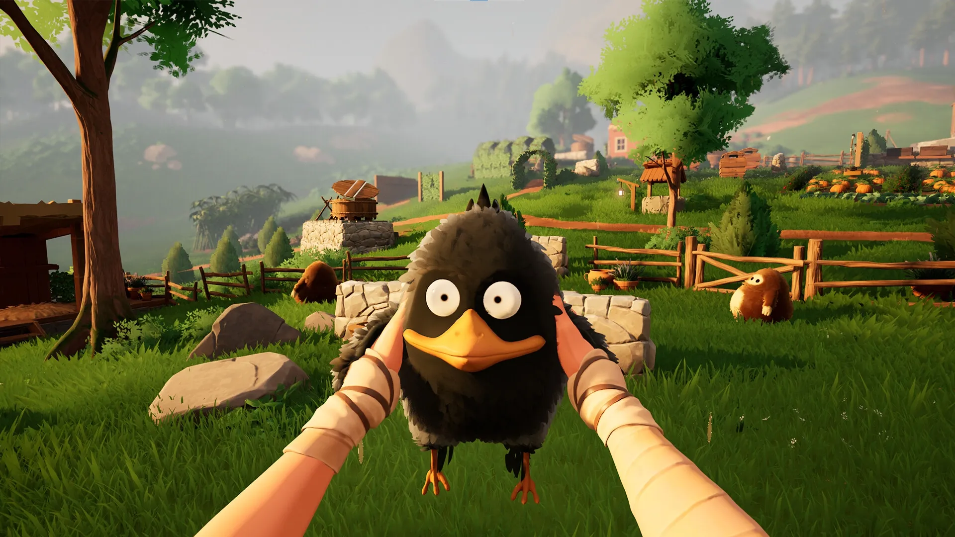 AMONG THE WILD: Player holds a black bird on a vibrant farm with fences, trees, and distant hills.
