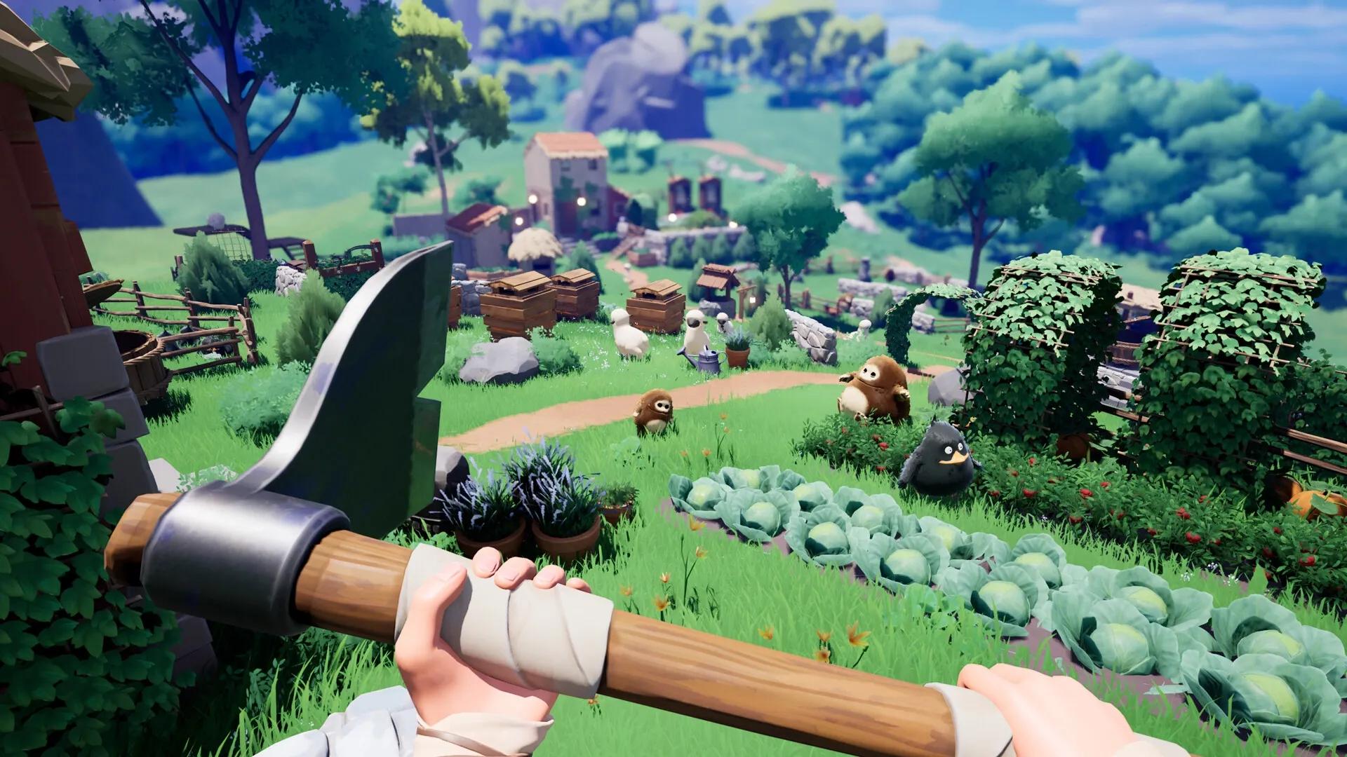 AMONG THE WILD: Player holds axe overlooking vibrant farm with creatures and crops in lush countryside.