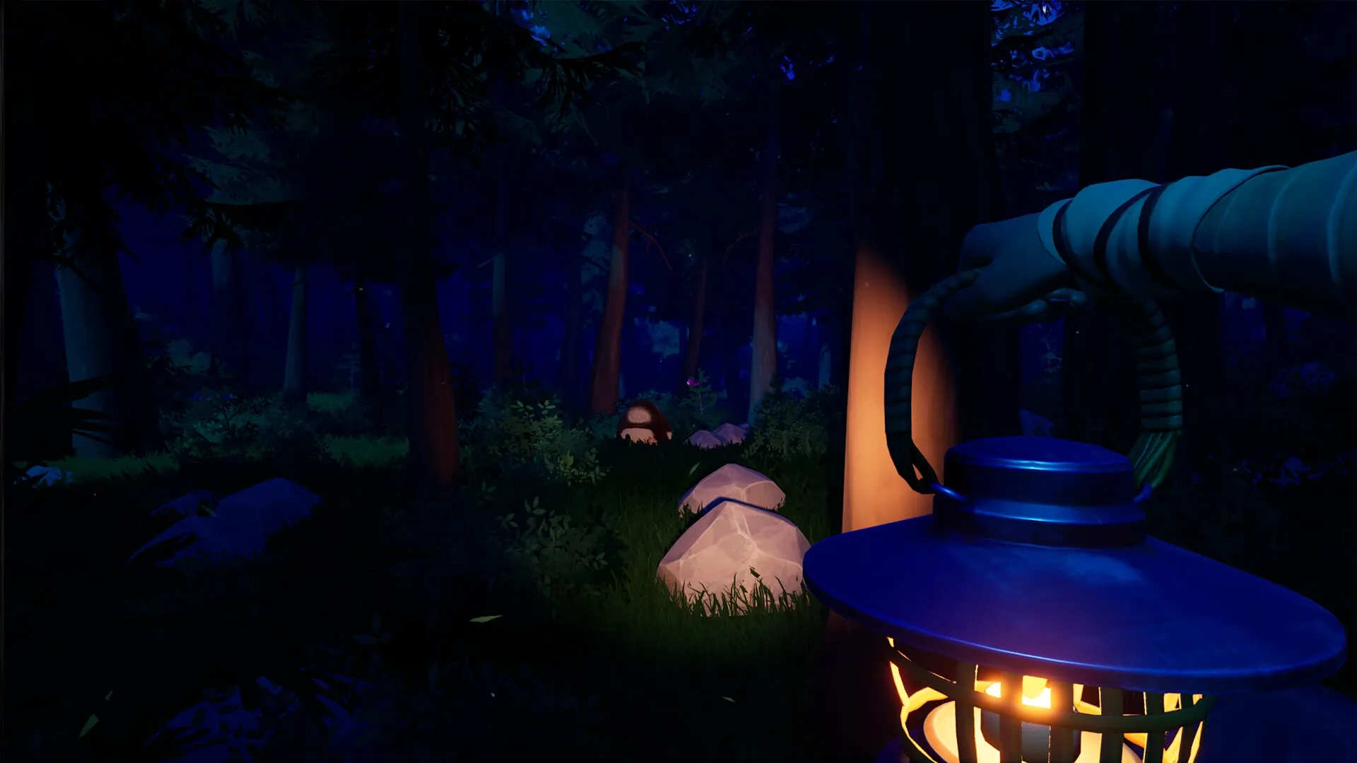 AMONG THE WILD: Player exploring a dark, dense forest with a lantern illuminating rocks and foliage.