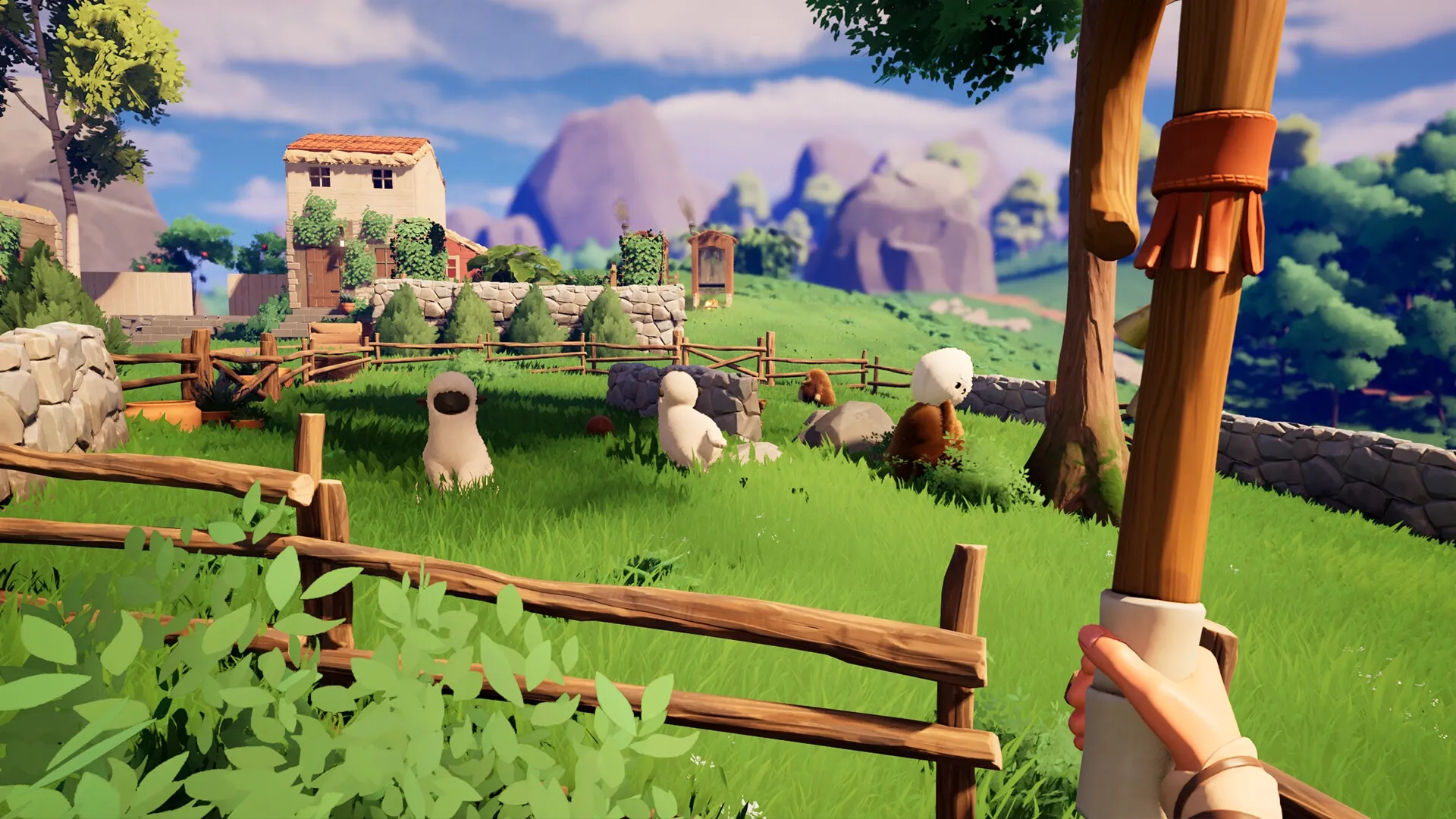 AMONG THE WILD: Player holding staff in lush farm with woolly creatures and rustic stone house nearby