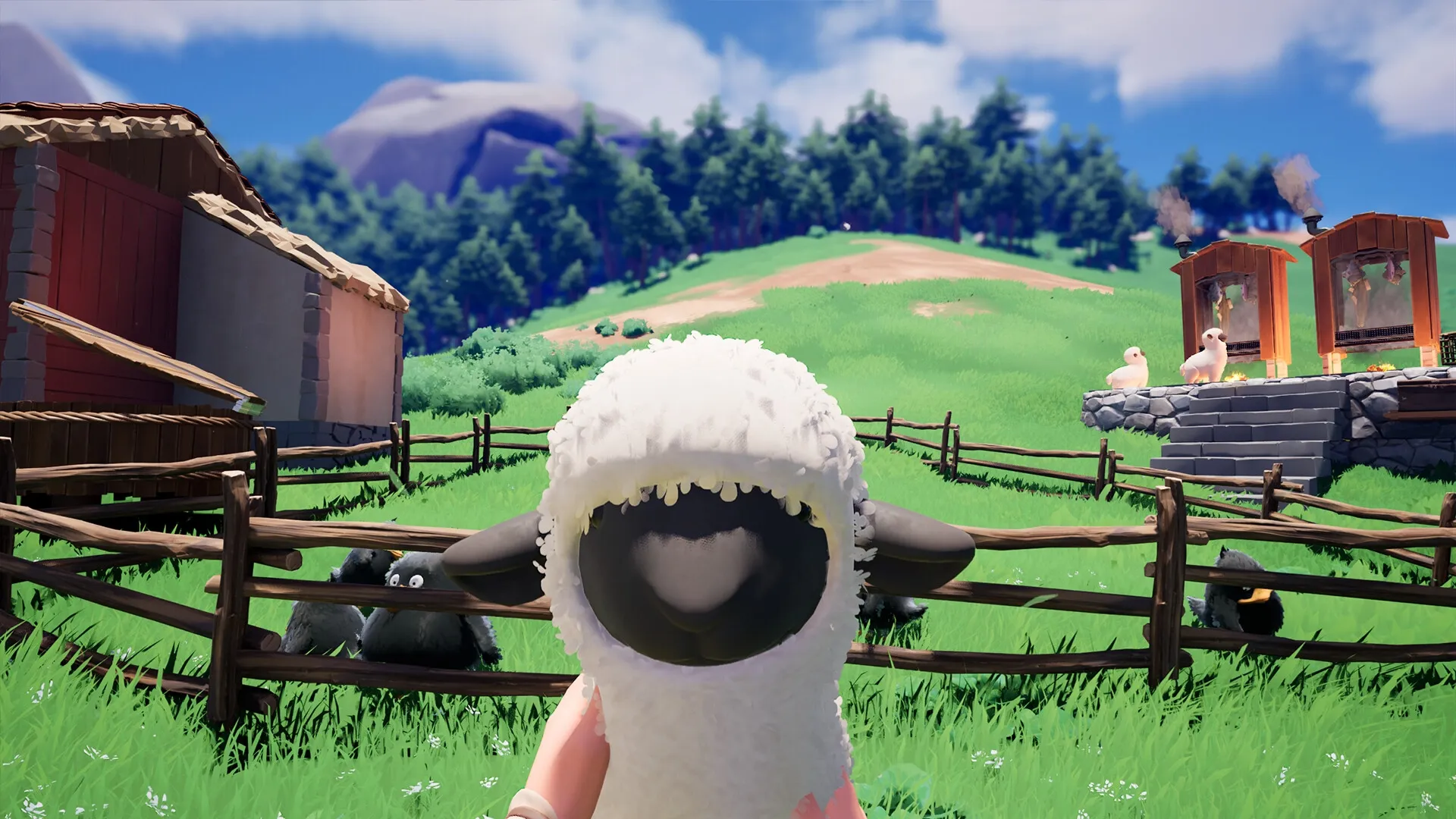 AMONG THE WILD: Player interacts with sheep near wooden barn and stone steps in lush green pasture.