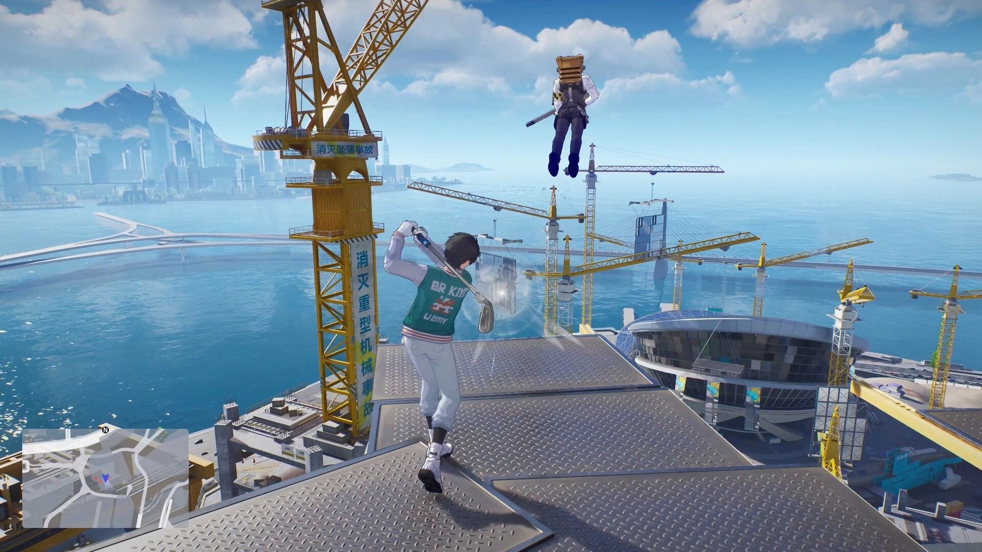 ANANTA: Player swings a bat on a crane platform as another character leaps over a coastal build site.