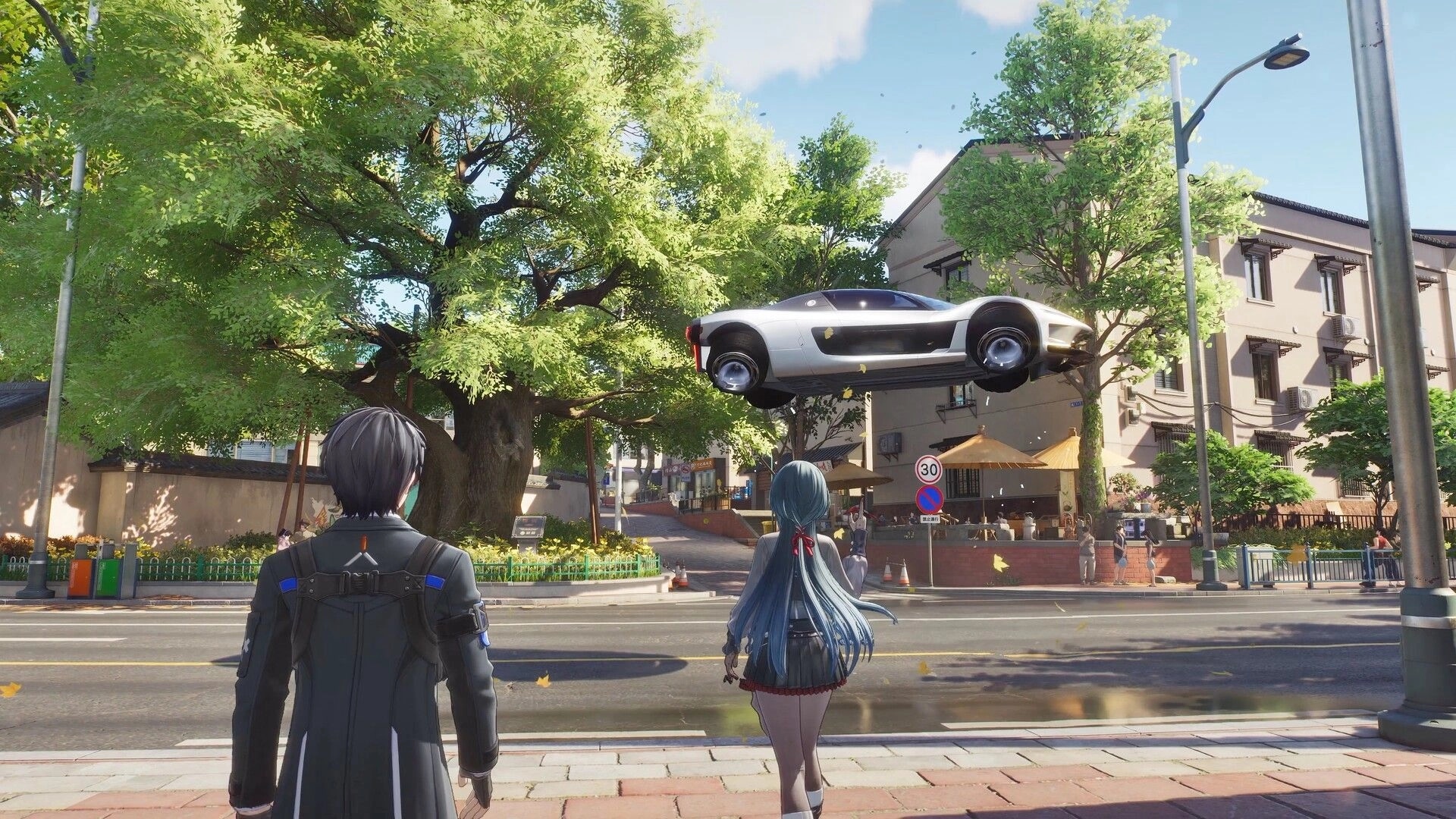 ANANTA: Two characters watch a hovering sports car above a leafy city street and cafe patio.