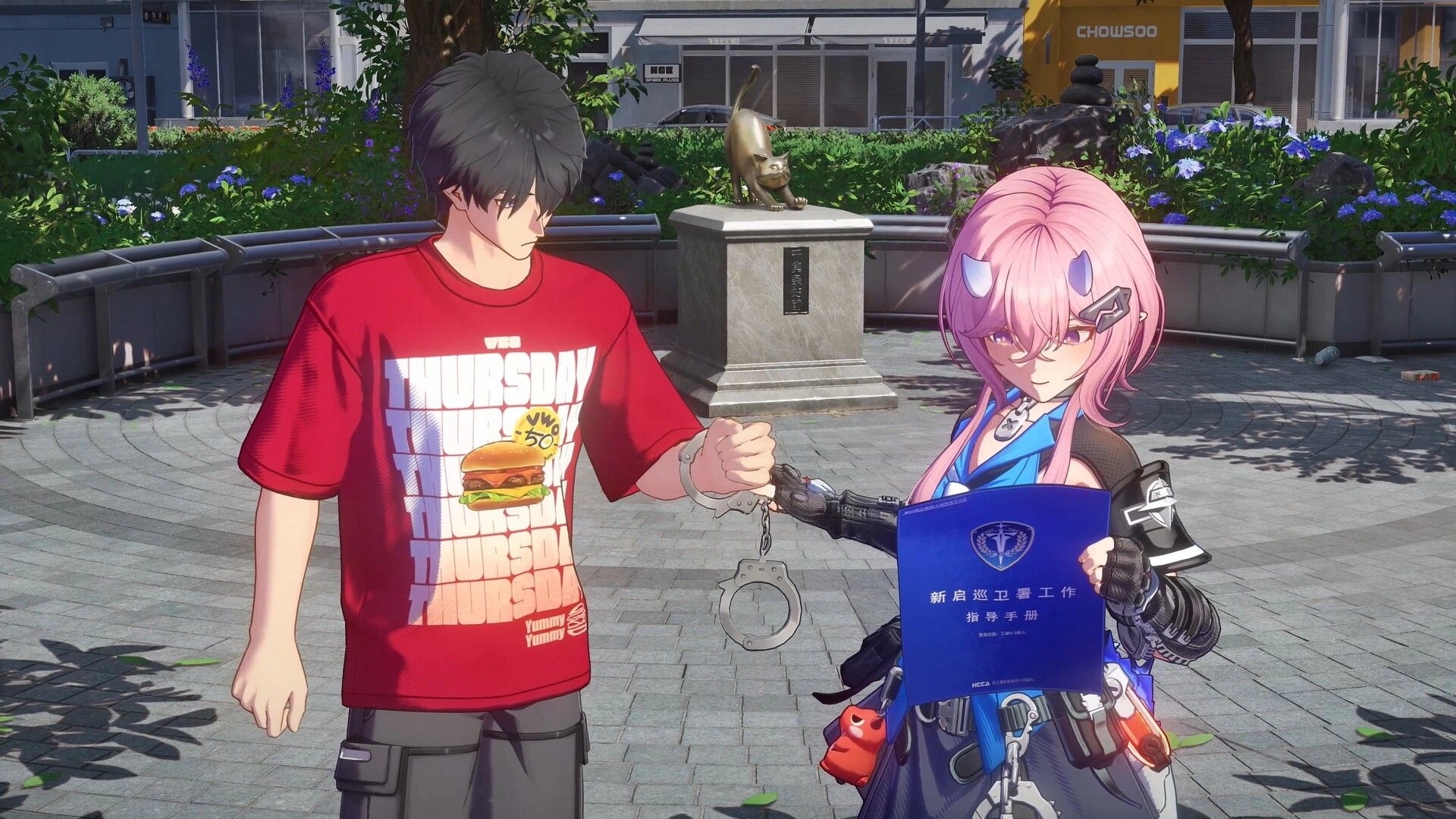 ANANTA: Pink-haired officer cuffs a teen in a plaza garden by a cat statue and storefronts behind.