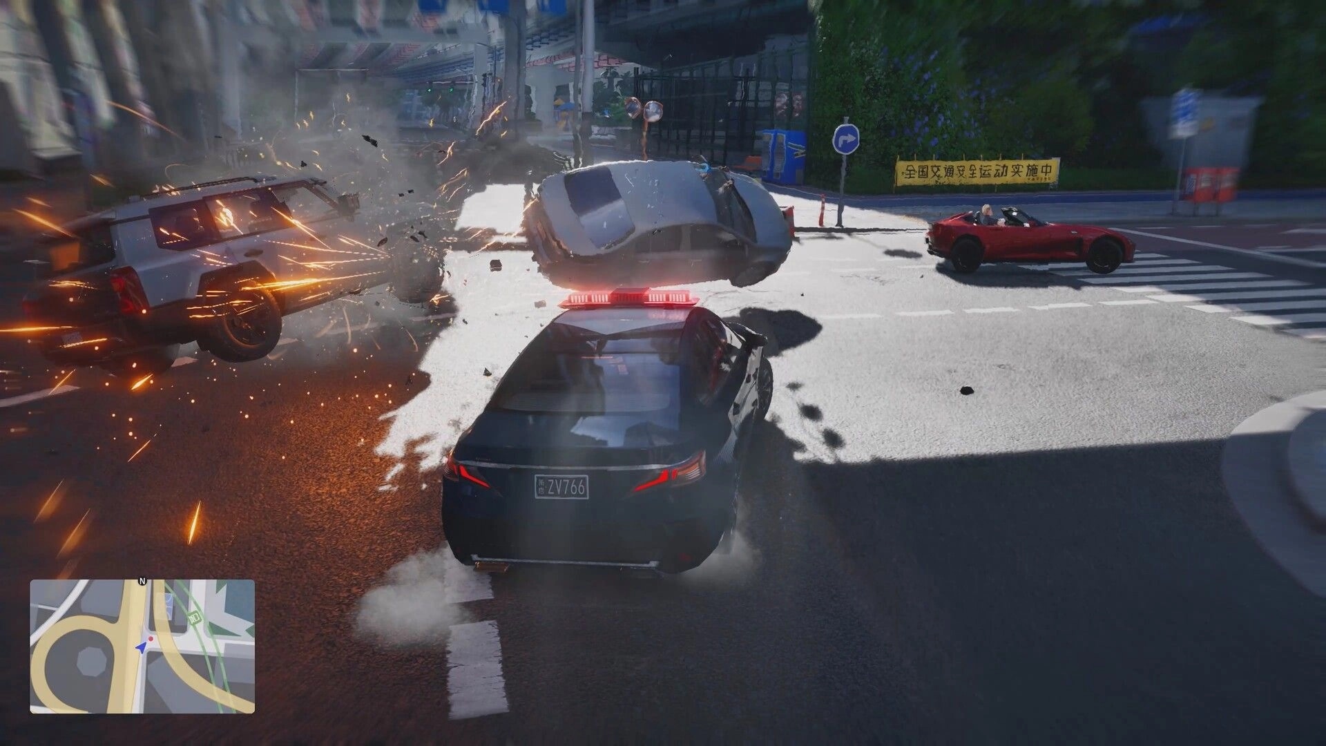 ANANTA: Police car speeds into a pileup as vehicles flip and sparks fly on a sunny city street, minimap UI.