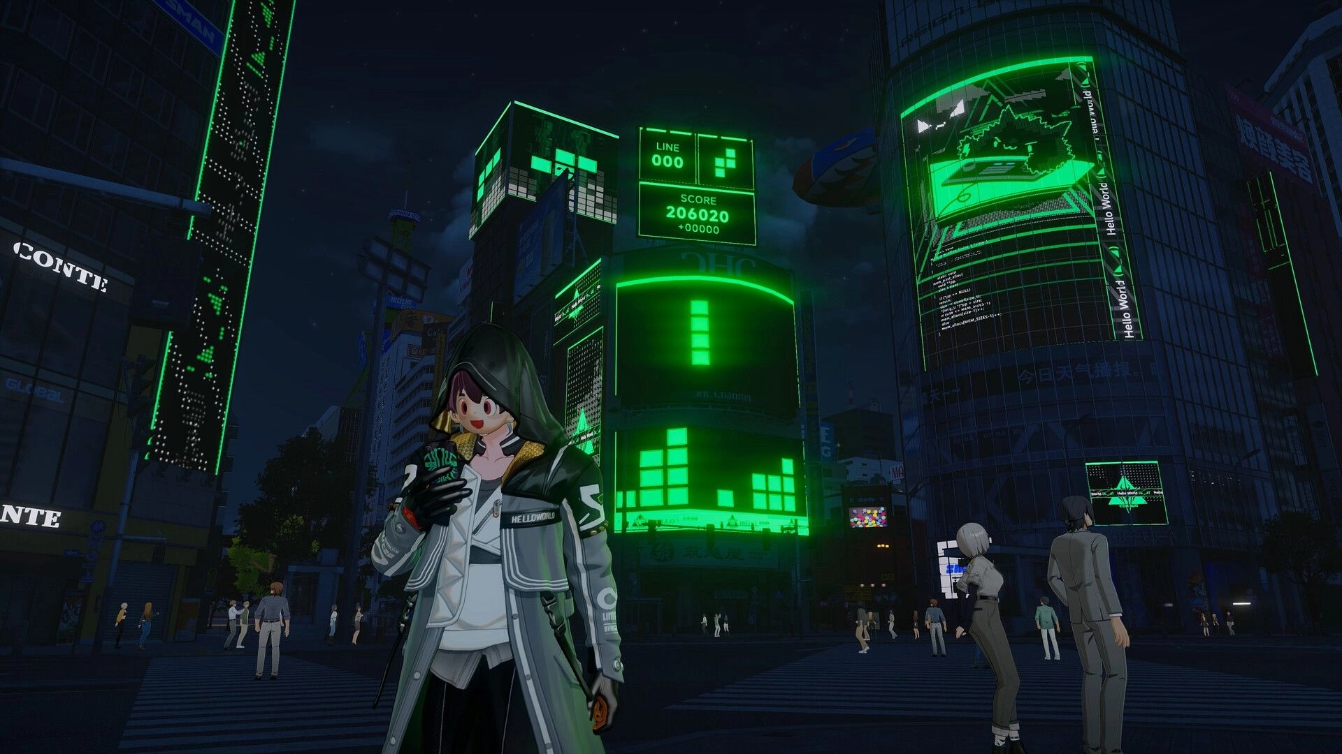 ANANTA: Hooded character in streetwear holds a drink in a neon-lit city plaza with giant billboards.
