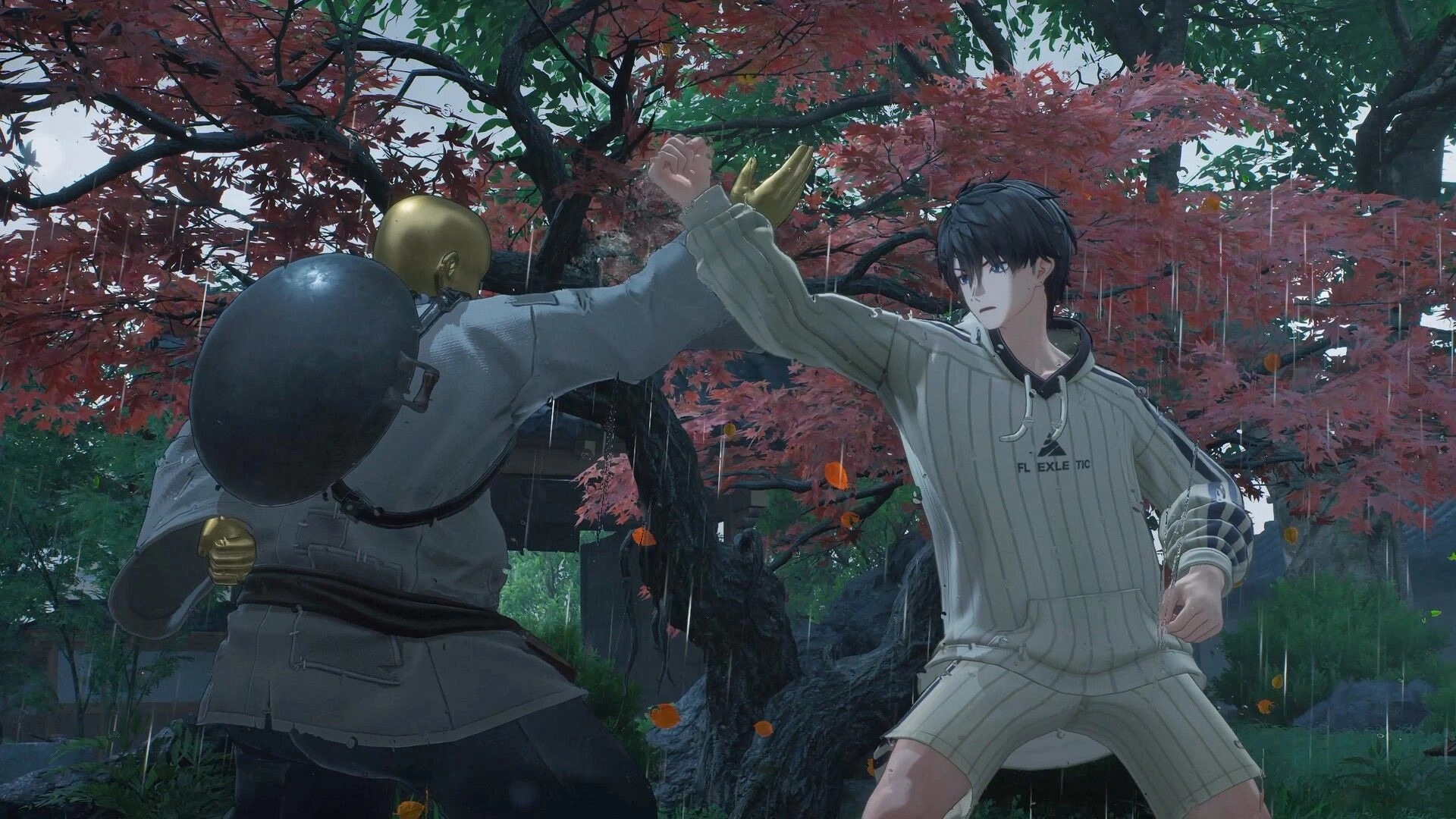 ANANTA: Player character blocks a punch from a gold-headed enemy under red maple trees in rain.