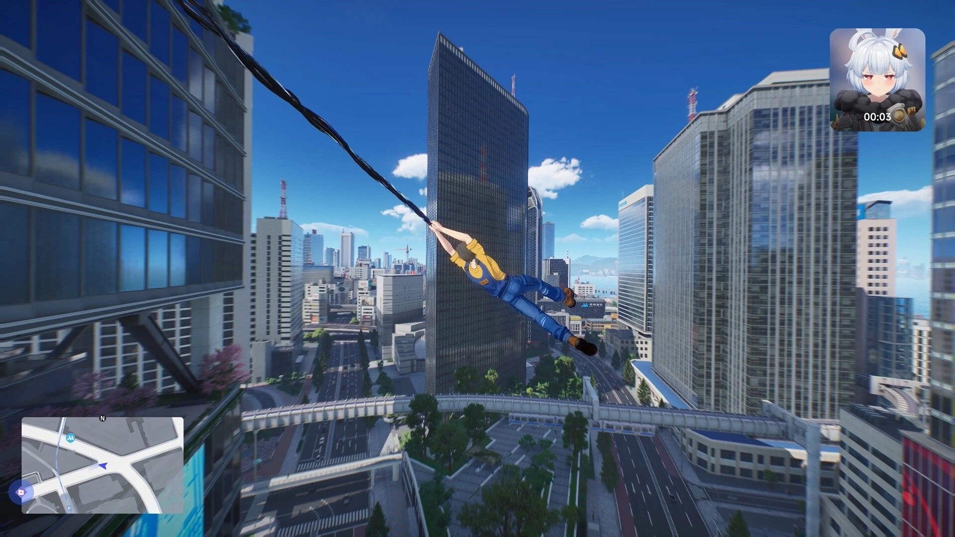 ANANTA: Character swings on a cable between skyscrapers, minimap and portrait timer over city streets.