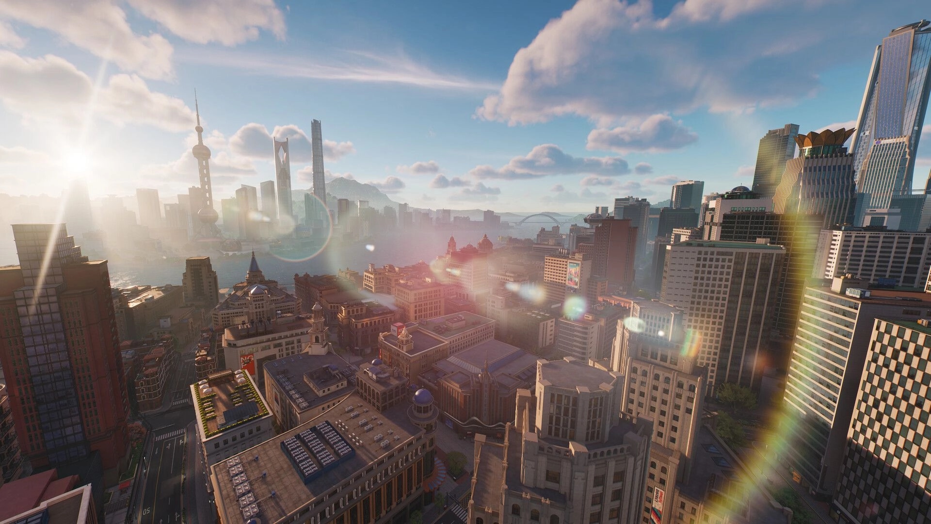 ANANTA: Panoramic view of a modern city skyline at sunrise with lens flare and dense skyscrapers.