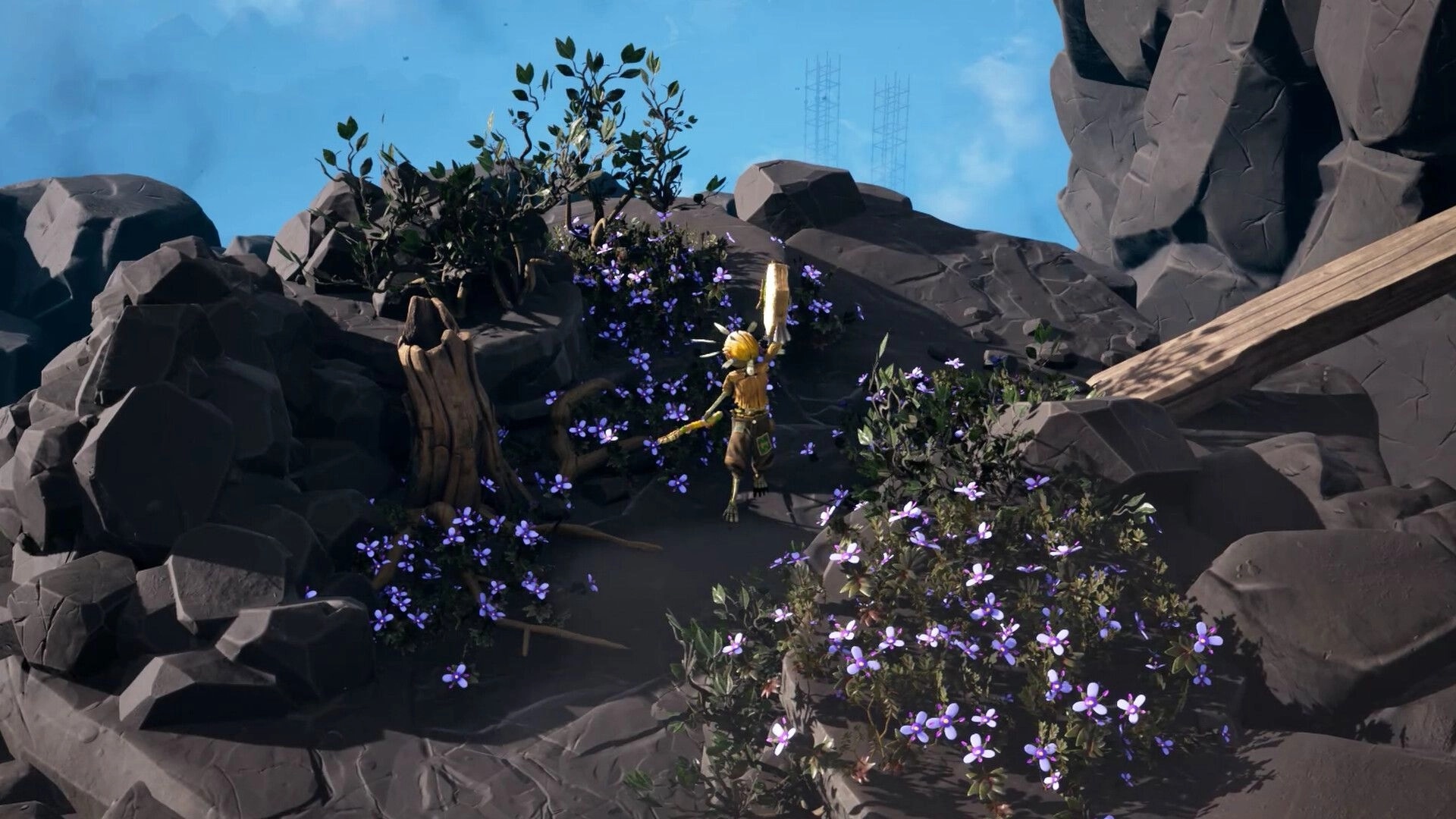 Ancestral Harvest: Shaman-child exploring rocky terrain with purple flowers and wooden bridge nearby