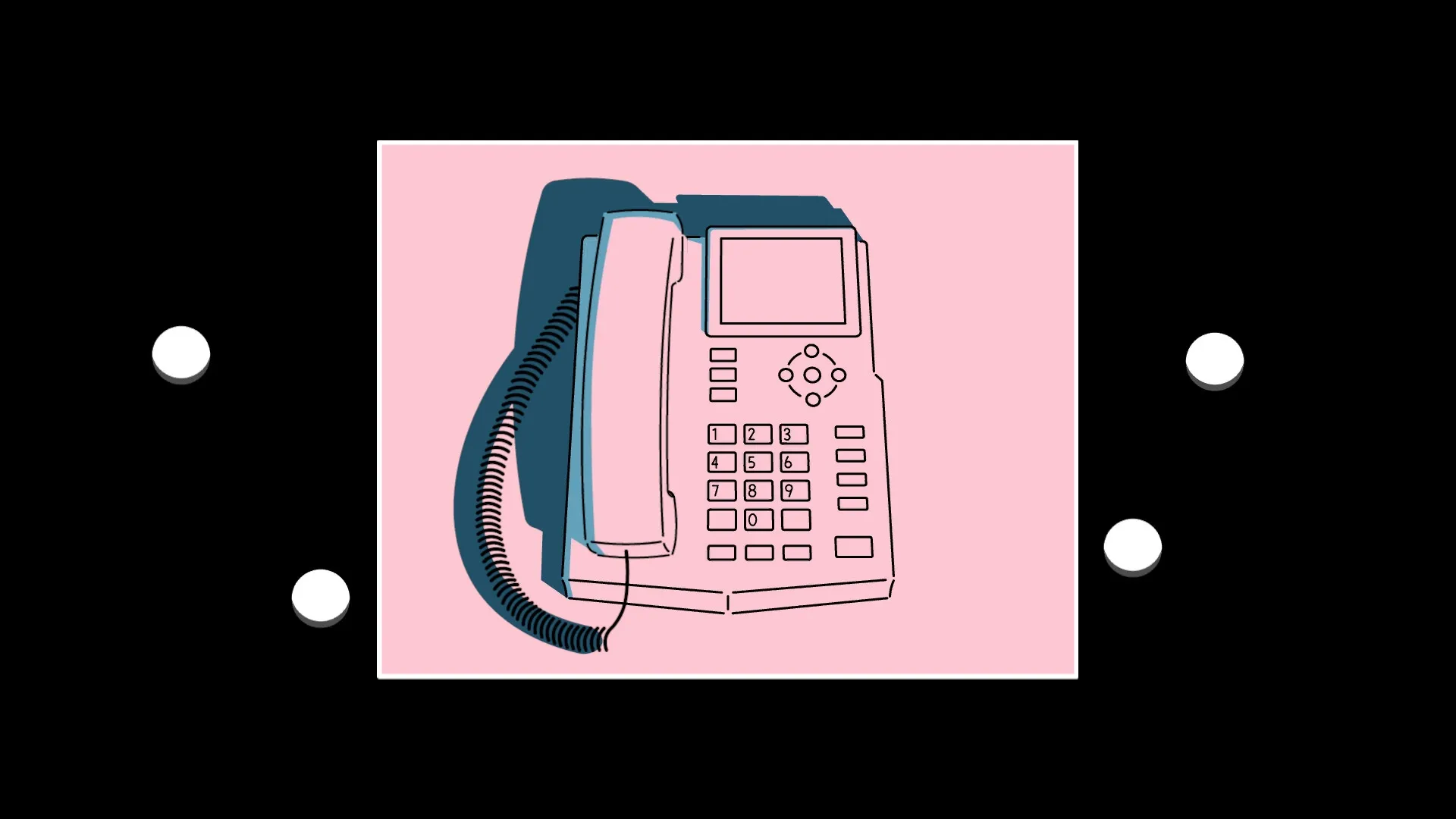 and Roger: Stylized pink-and-blue telephone against a black background with three white buttons visible