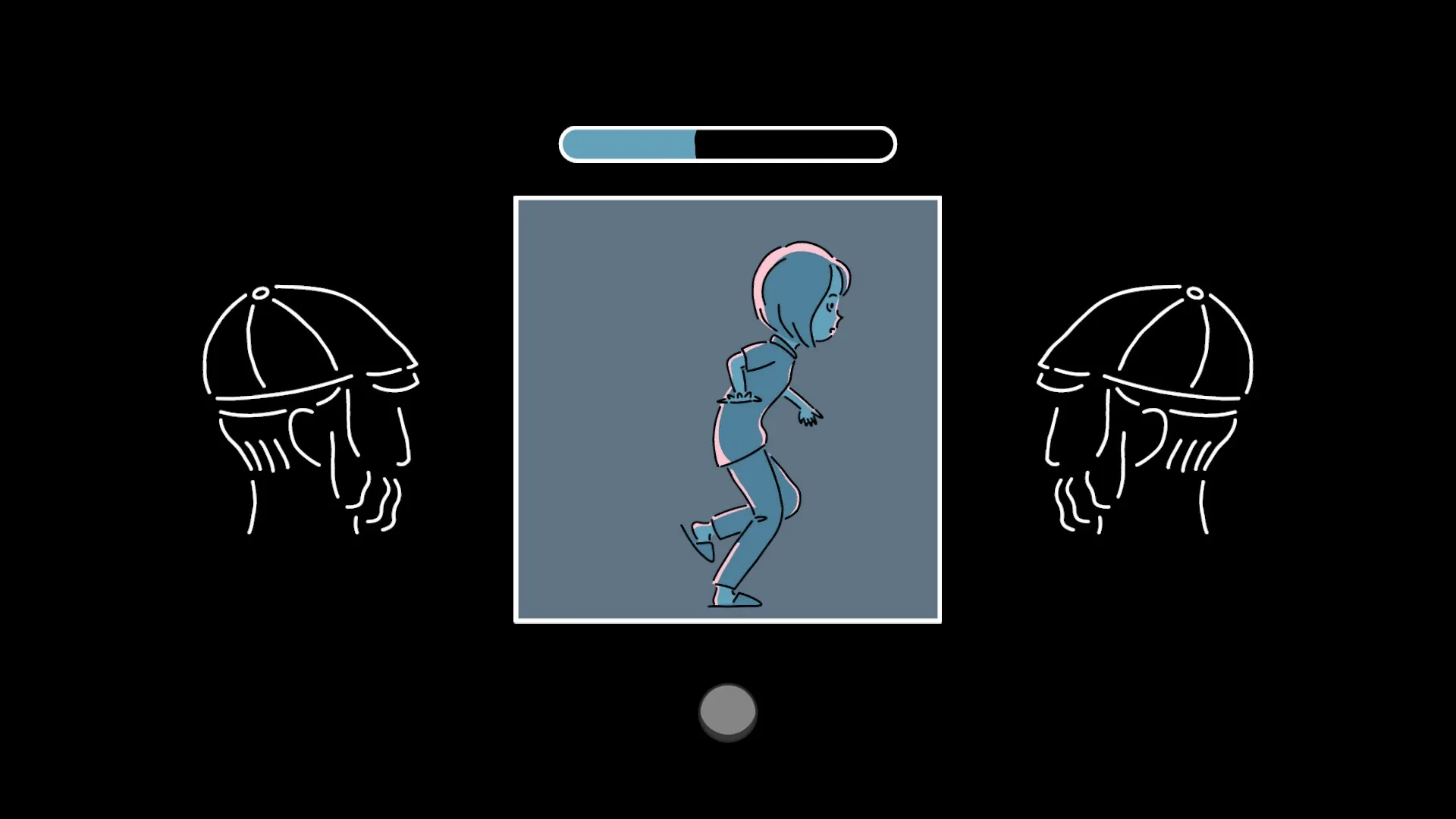 and Roger: Character running in a blue box with progress bar above, flanked by two line art figures