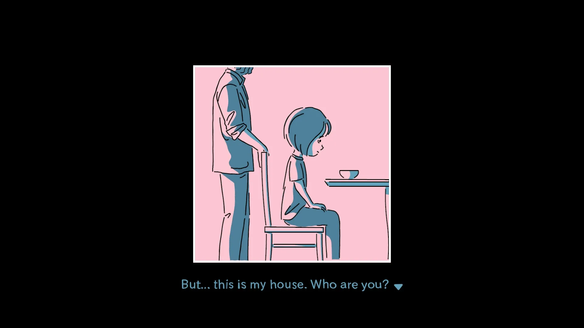 and Roger: Girl seated at a table with a cup, stranger stands beside her in a pink-toned room dialogue scene.