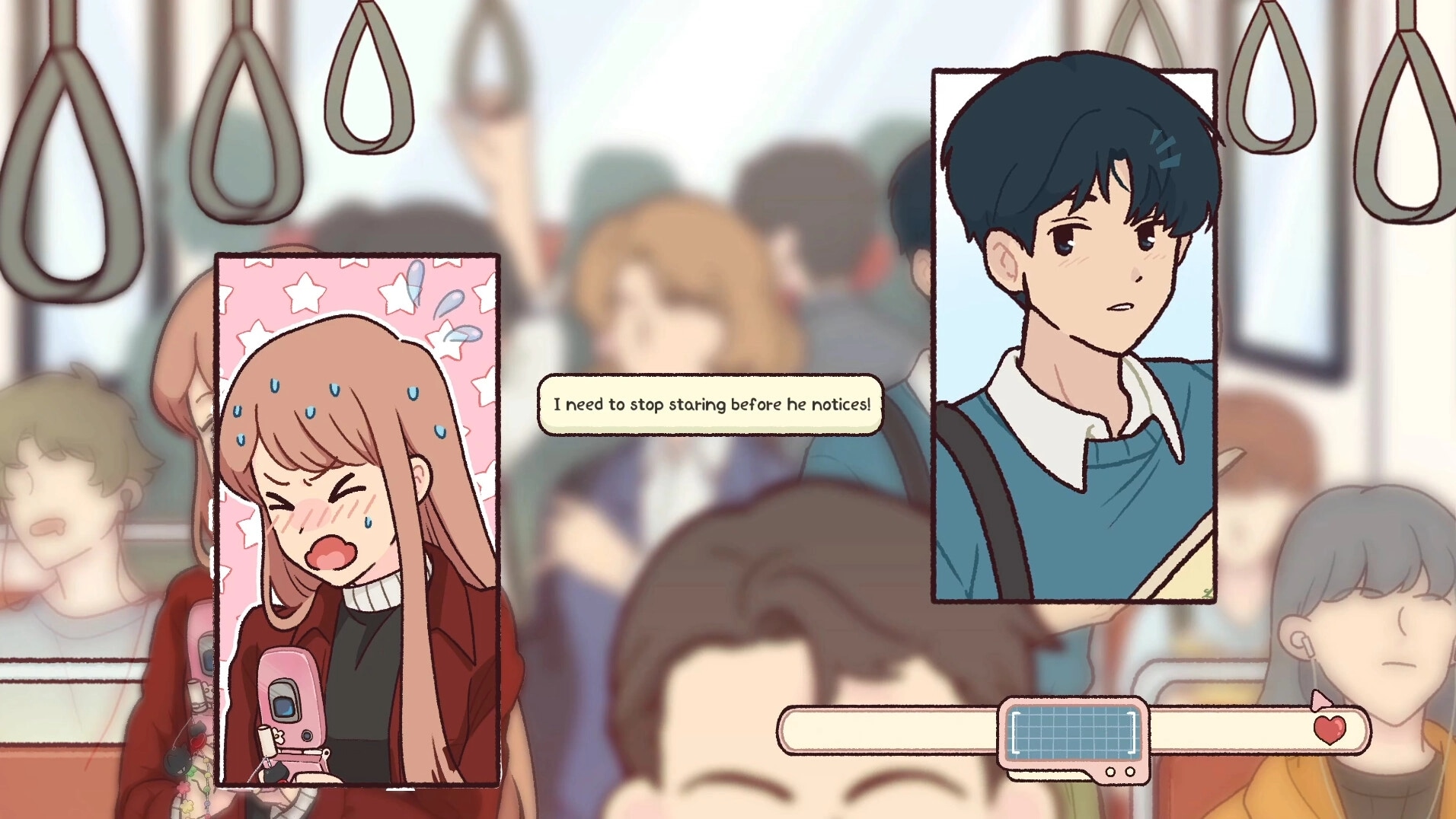 Anemorie: Anna nervously glances at a boy on a crowded train, holding her phone with a blushing face.