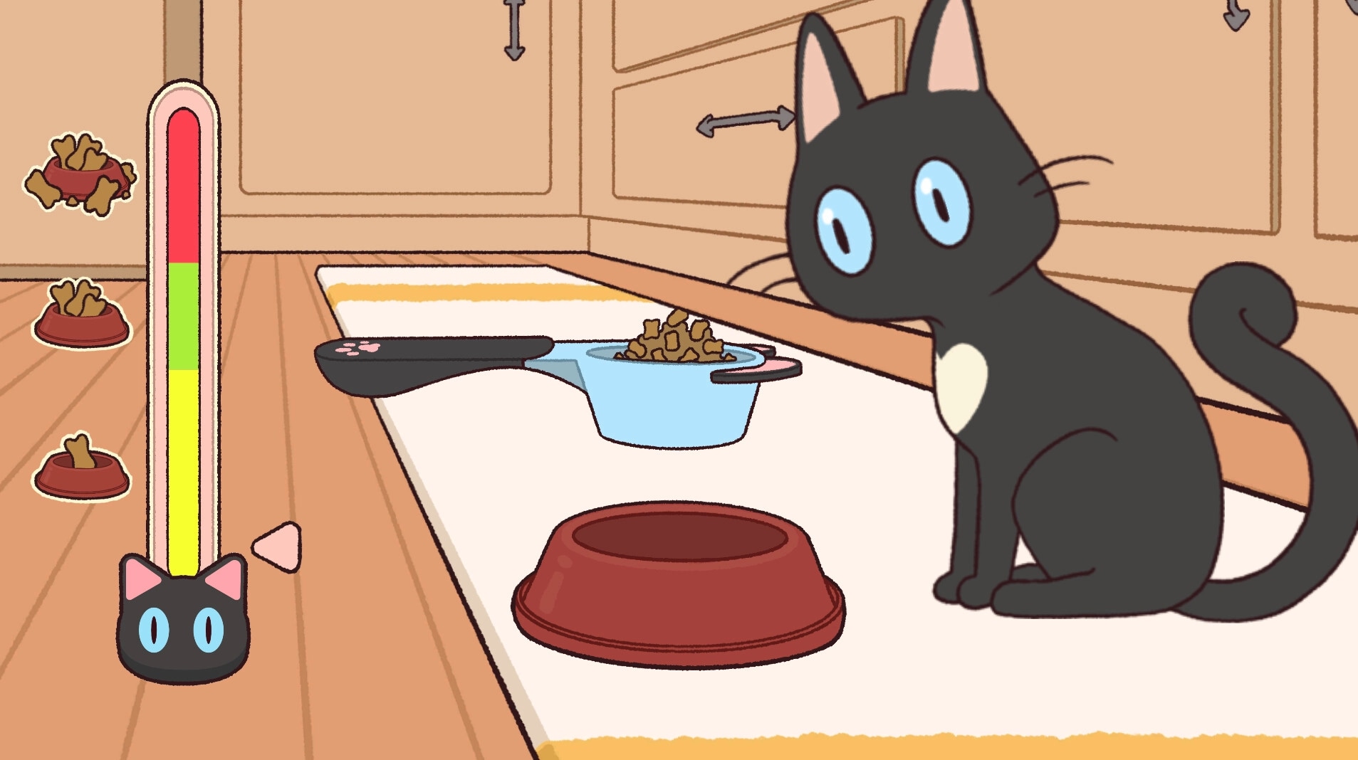 Anemorie: Black cat sitting near empty bowl and food meter in kitchen setting