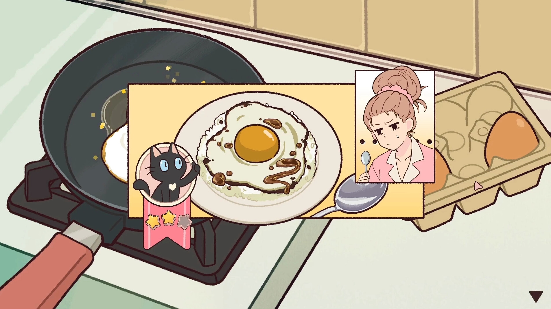 Anemorie: Anna cooking eggs in a kitchen with a cat badge and thought bubble showing her concentration.