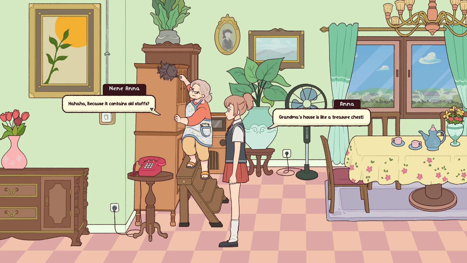 Anemorie: Anna converses with Nene Anna in a cozy, vintage living room filled with plants and decor.