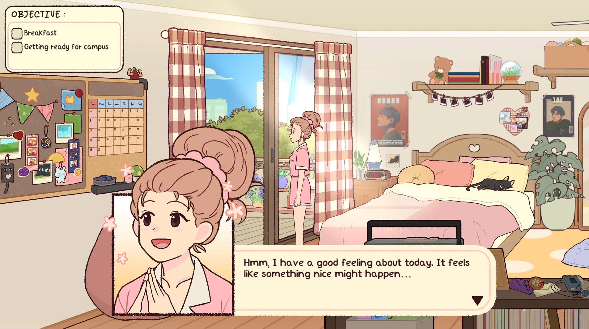 Anemorie: Anna stands by her bedroom window with objectives list, calendar, and cozy decor visible.