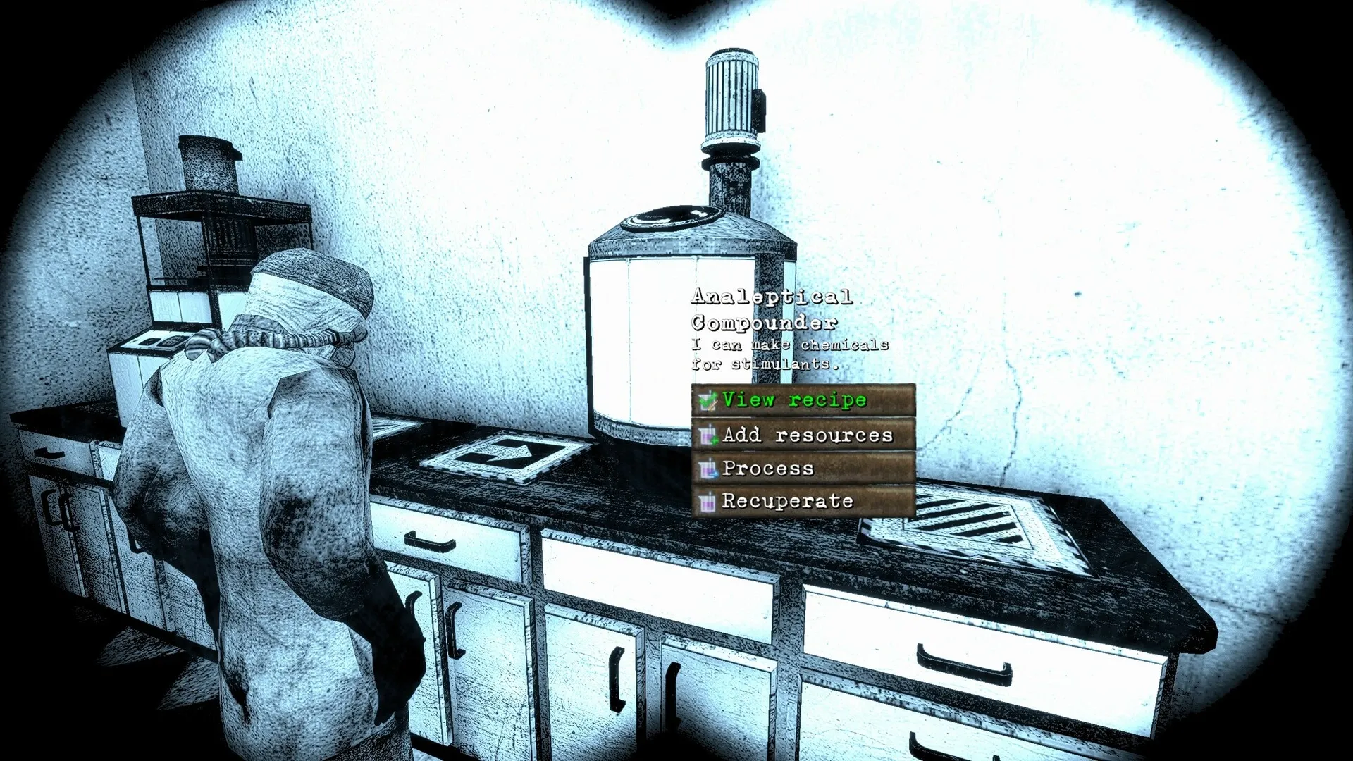 ANEURISM IV: Character crafting chemicals at lab station with options menu for recipe and processing