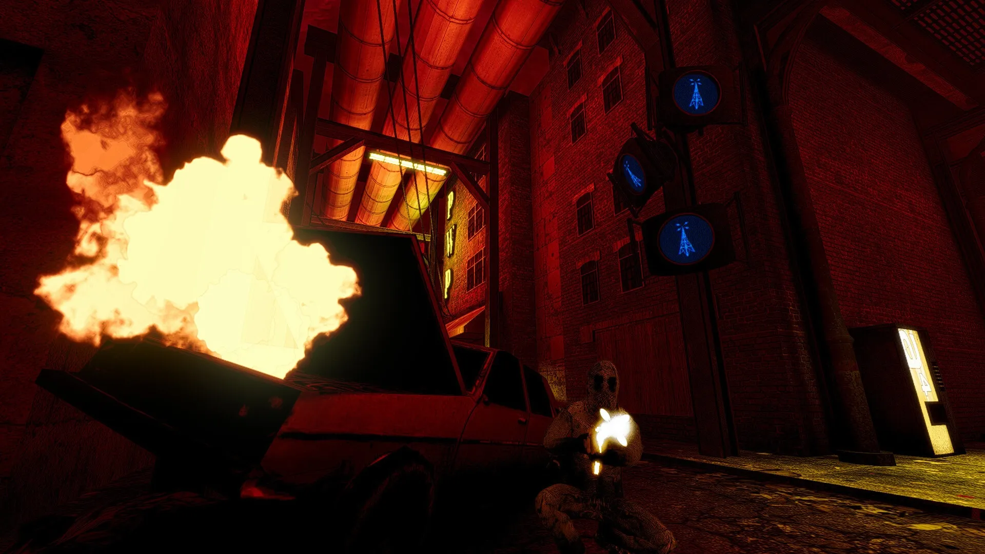 ANEURISM IV: Character crouches by burning car in dark alley with red industrial pipes overhead