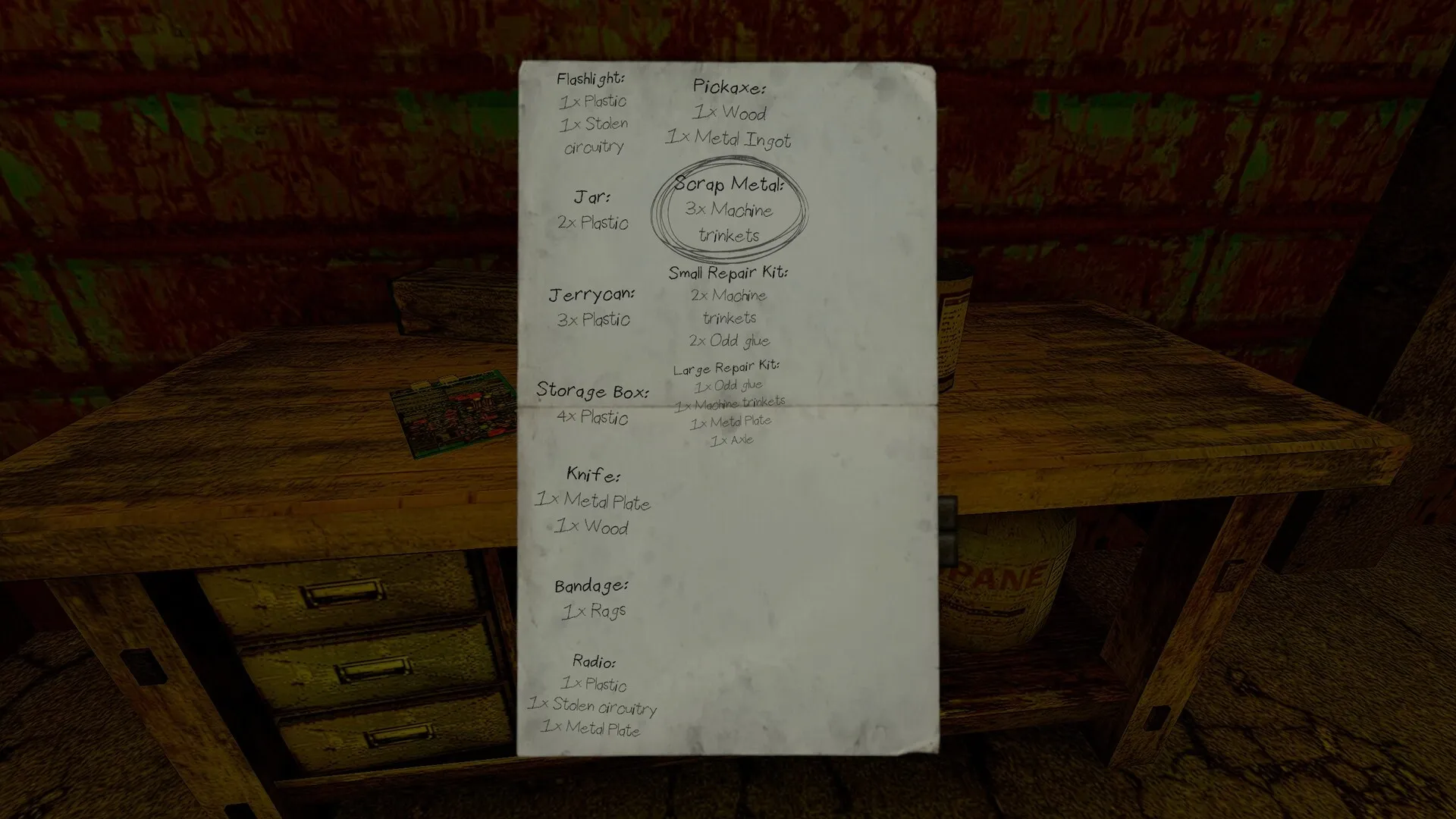 ANEURISM IV: Crafting menu displayed on a workbench in a dimly lit, industrial interior environment.