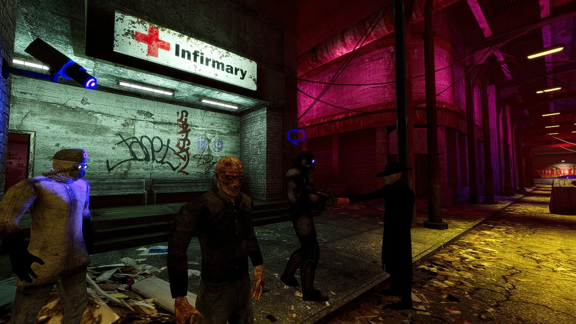 ANEURISM IV: Characters gather outside graffiti-covered infirmary in neon-lit dystopian alleyway