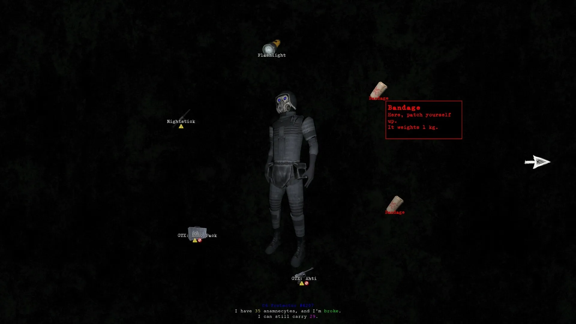 ANEURISM IV: Character inventory with items like flashlight, nightstick, and bandages in dark interface
