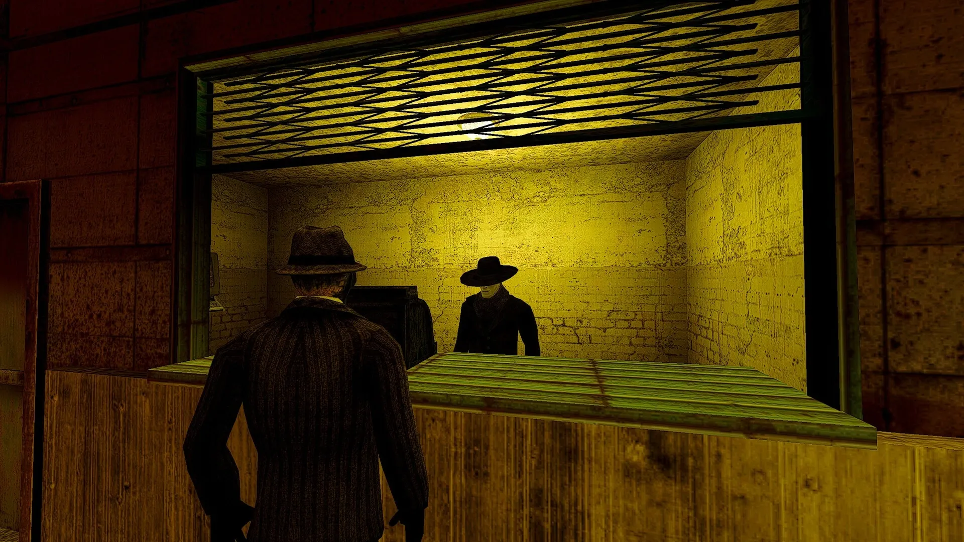 ANEURISM IV: Player approaches a dimly lit market stall with vendor in shadowy, dystopian city setting