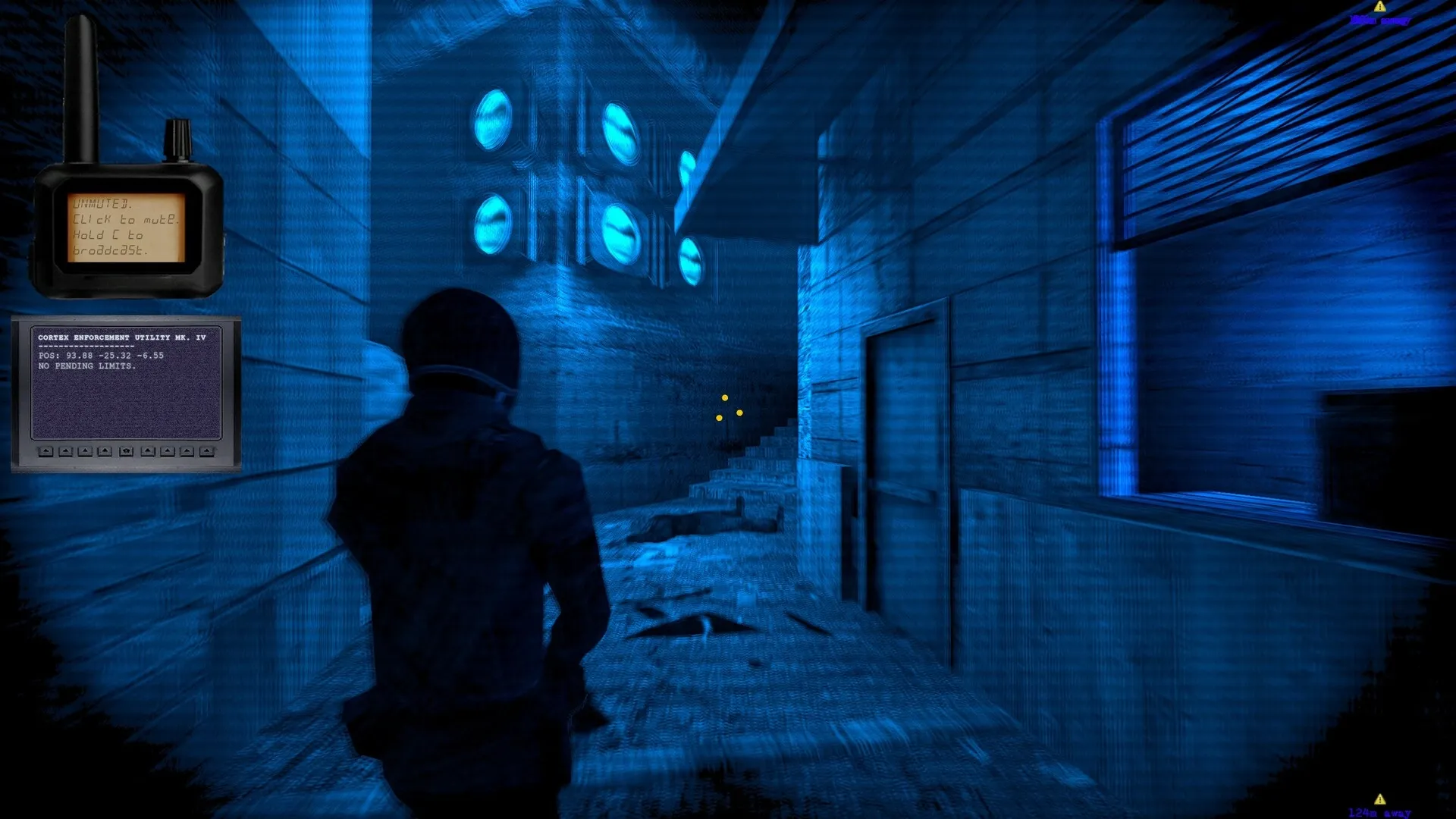 ANEURISM IV: Player explores dim alley with blue lights, radio interface on screen left, waypoint ahead