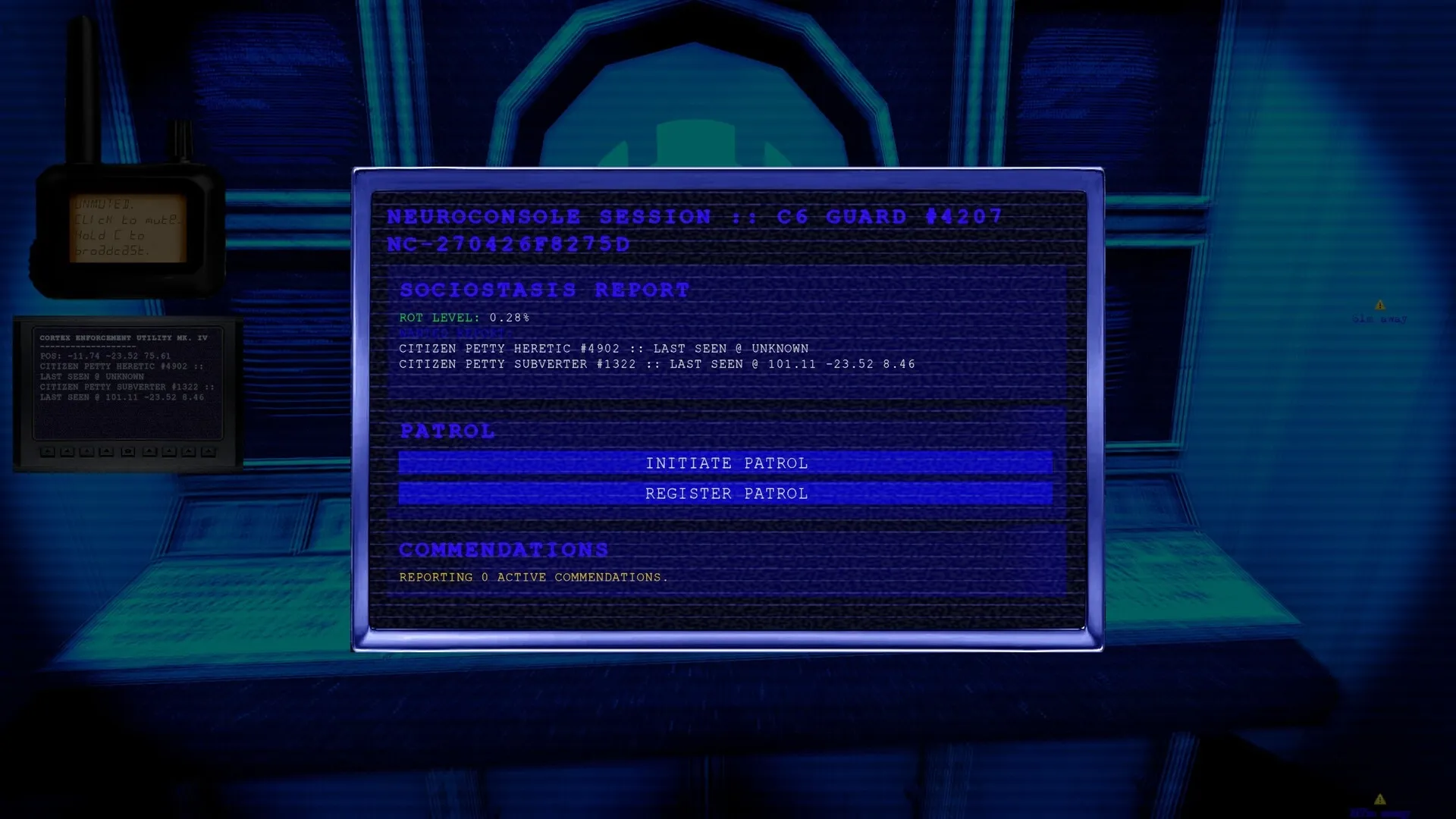 ANEURISM IV: Neuroconsole interface showing patrol options and citizen status in control room setting