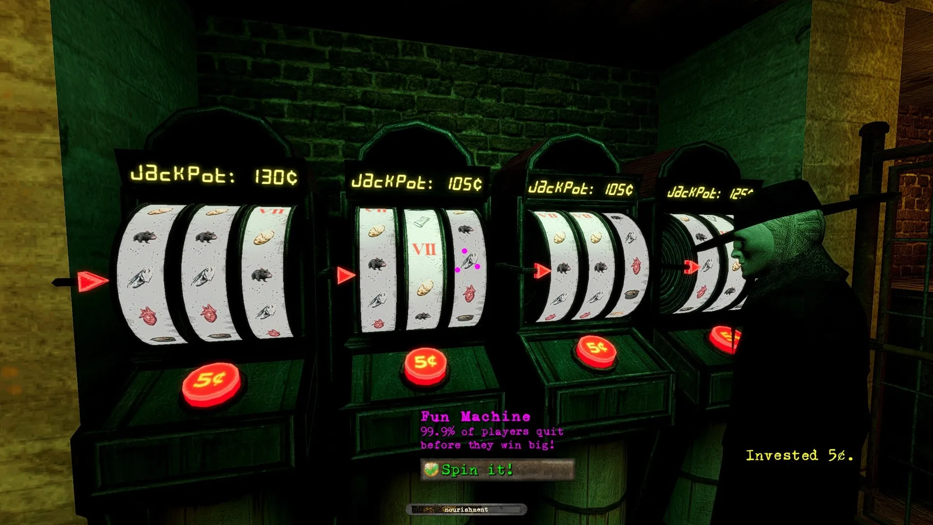 ANEURISM IV: Player at slot machines in dimly lit arcade, jackpots displayed, prompt to "Spin it!"