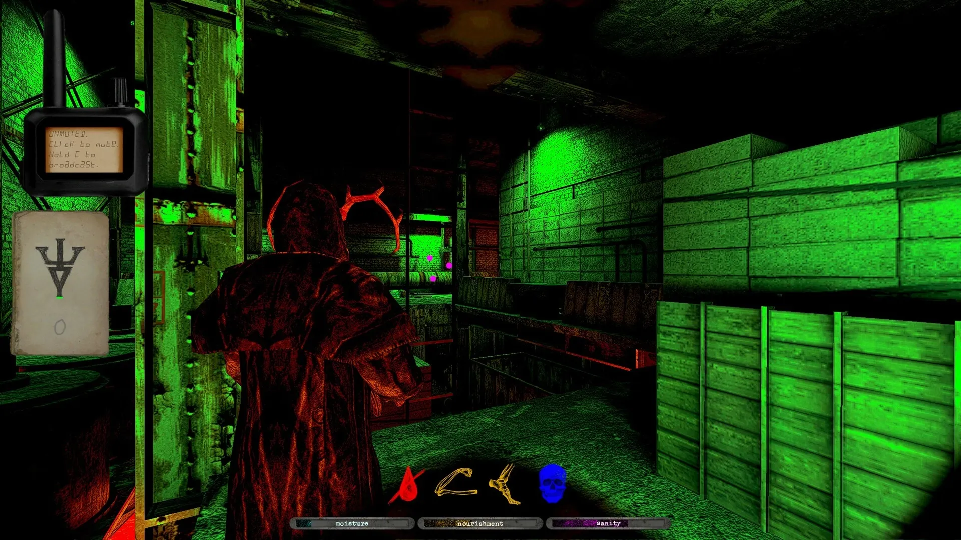 ANEURISM IV: Hooded figure explores neon-lit factory with UI showing moisture, nourishment, and sanity.