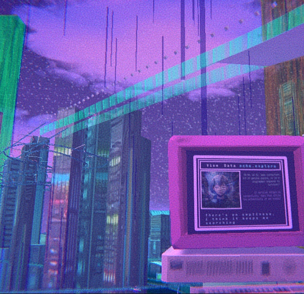 Angel: Retro computer terminal displaying a profile window beside neon city towers under purple sky.
