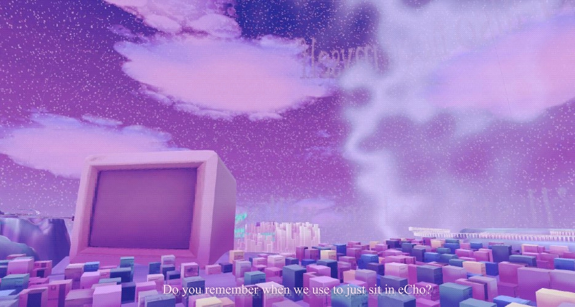 Angel: Subtitle dialogue over pastel voxel city with giant blank monitor under purple starry sky.