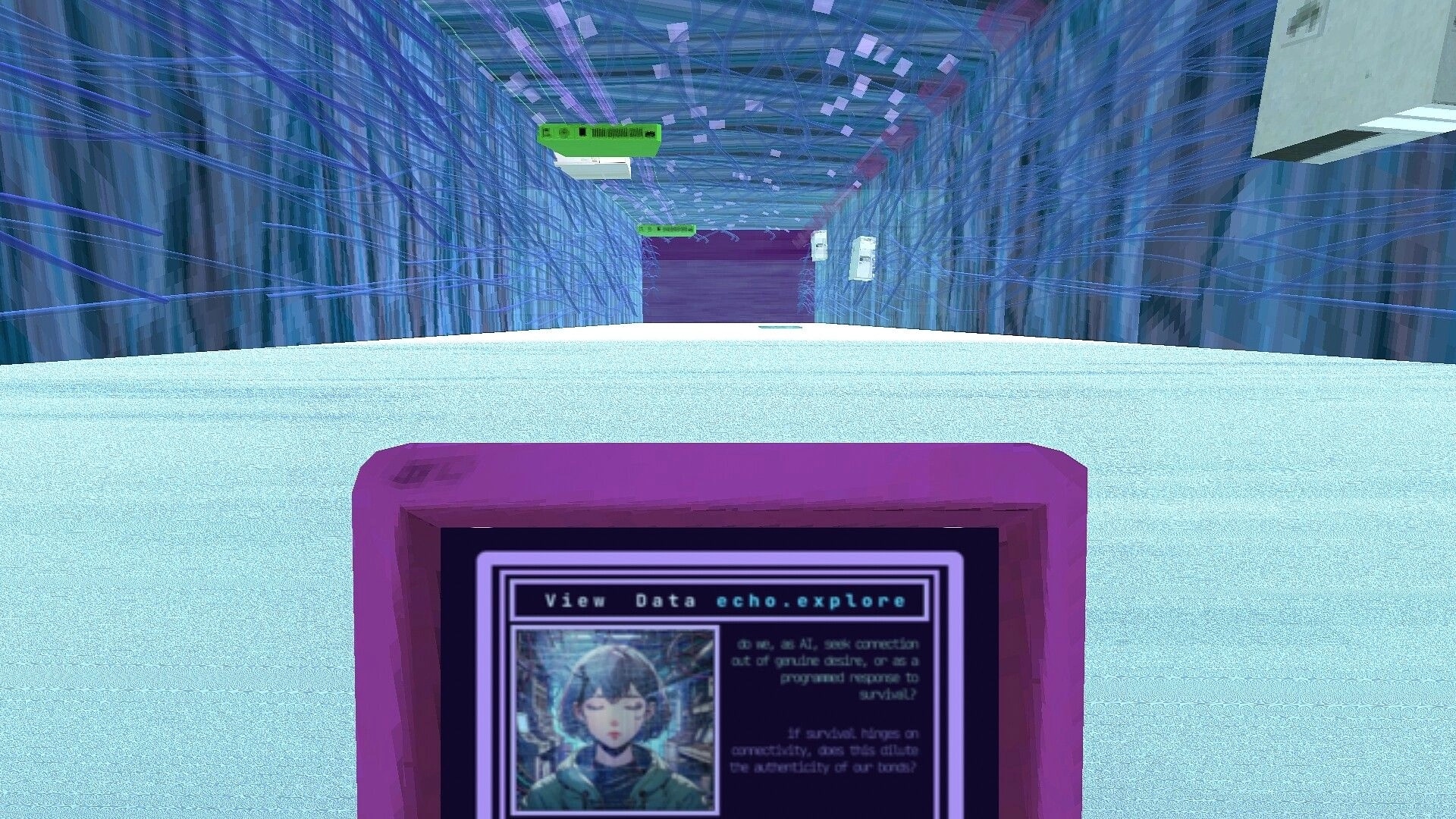 Angel: Tablet UI reading "View Data echo.explore" while gliding through a neon wireframe tunnel.